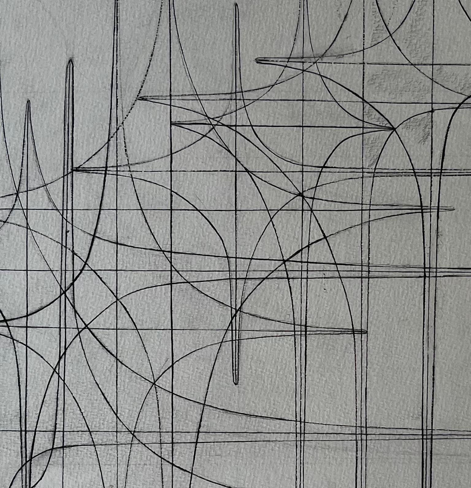 Mid Century French Linear Geometric Abstract Drawing in Black Ink on Paper For Sale 3