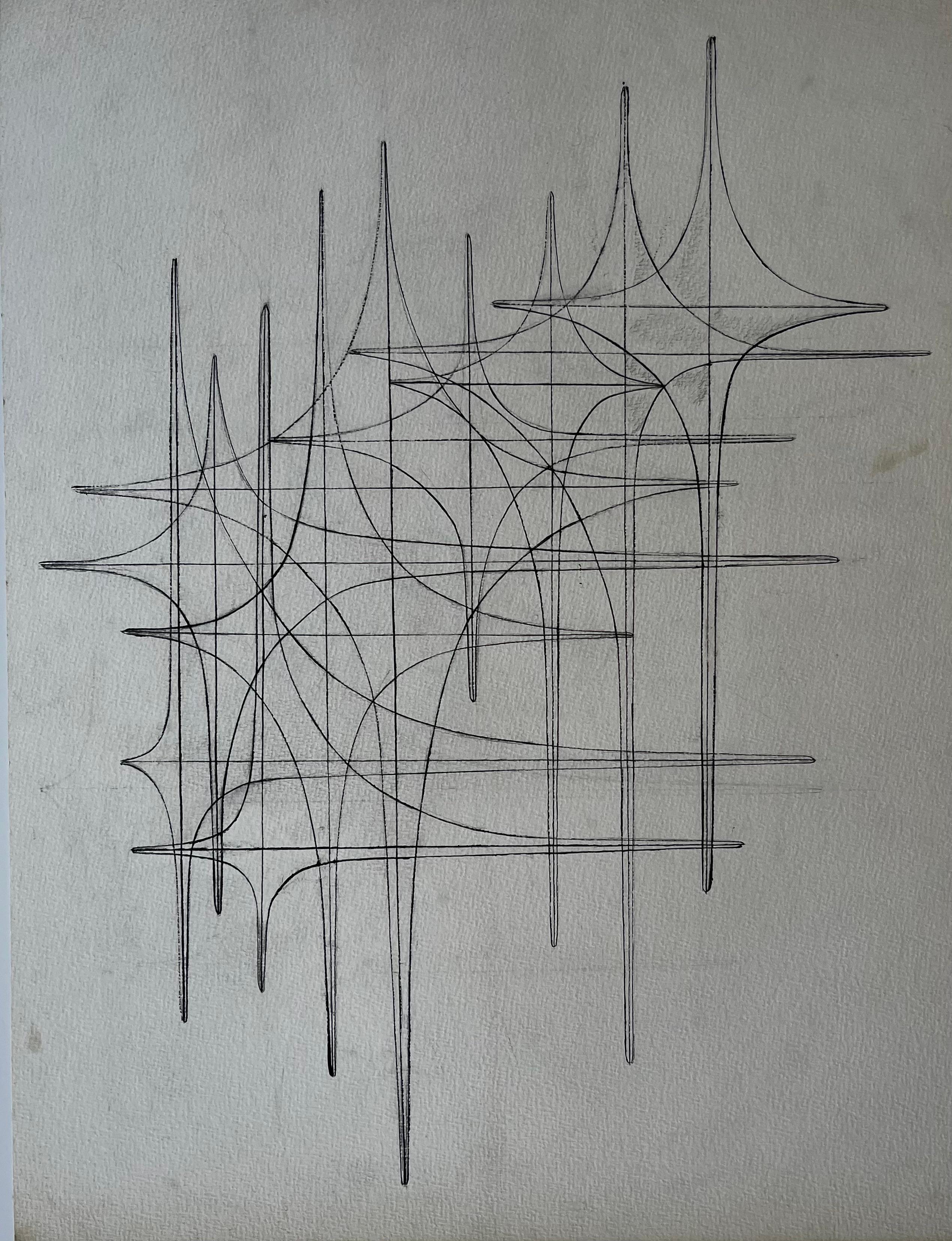 Serge Guerin (1916) Abstract Painting - Mid Century French Linear Geometric Abstract Drawing in Black Ink on Paper