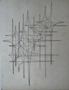 Mid Century French Linear Geometric Abstract Drawing in Black Ink on Paper