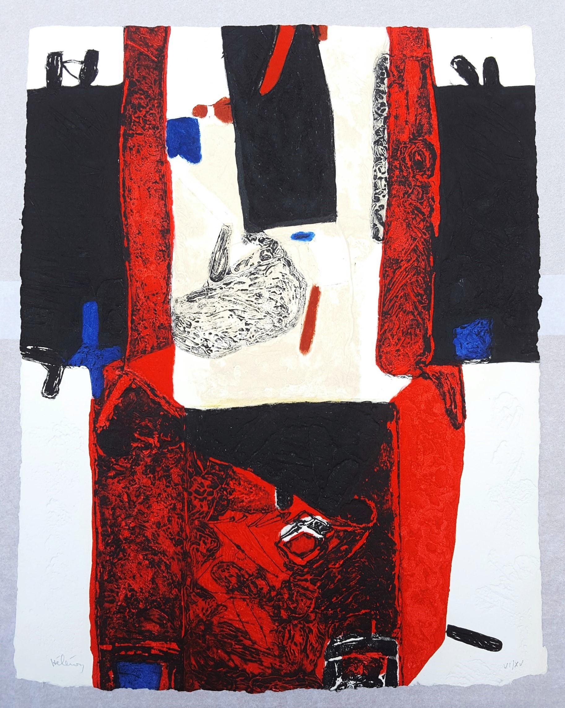 Présence /// Französische Contemporary Abstract Expressionist Gravur Farbige Kunst (Grau), Abstract Print, von Serge Helenon