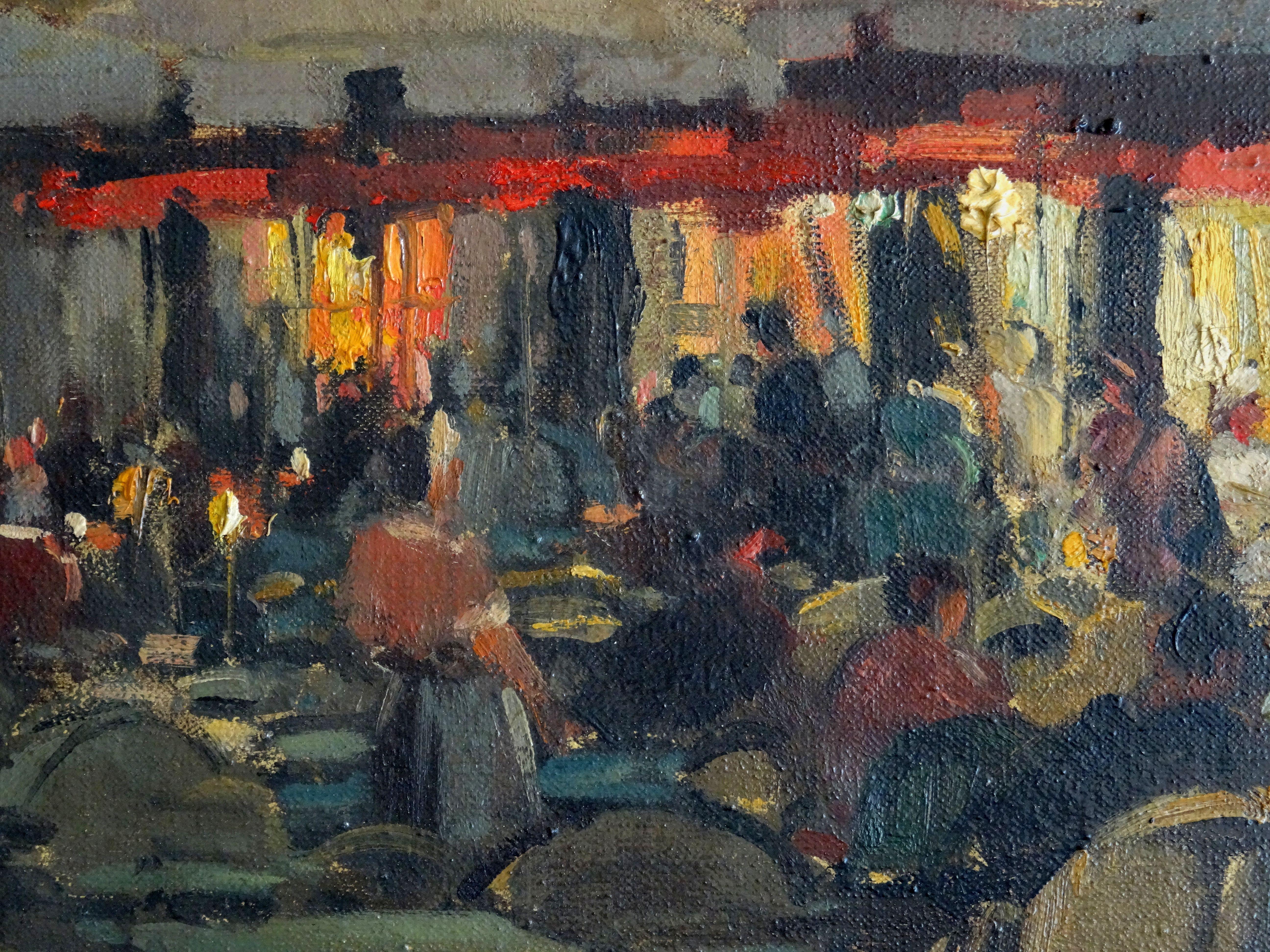Restaurant terrace at evening in Montmartre, Paris. Oil on canvas, 46x38 cm - Painting by Serge Kislakoff
