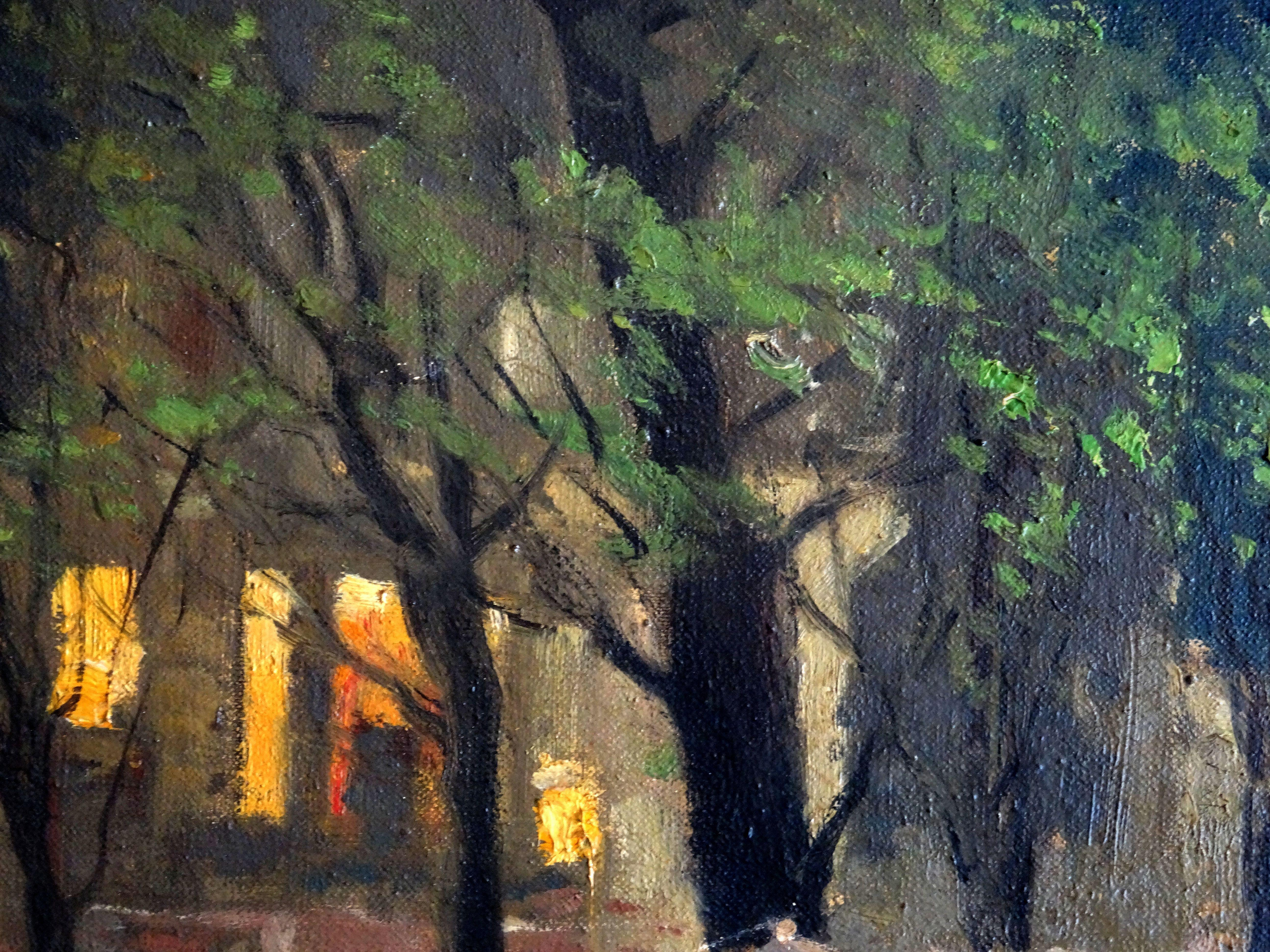 Restaurant terrace at evening in Montmartre, Paris. Oil on canvas, 46x38 cm - Impressionist Painting by Serge Kislakoff