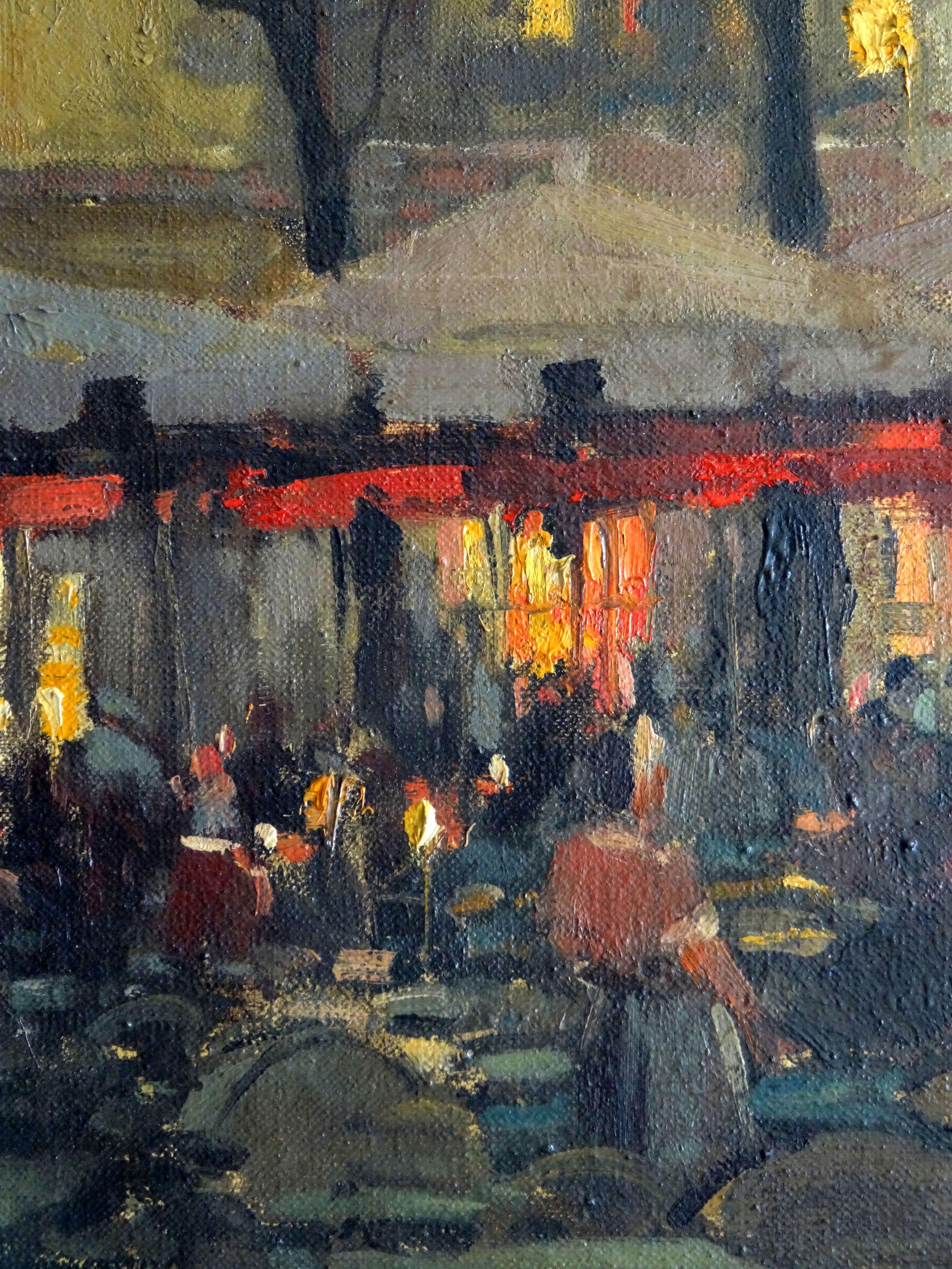 Restaurant terrace at evening in Montmartre, Paris. Oil on canvas, 46x38 cm For Sale 1