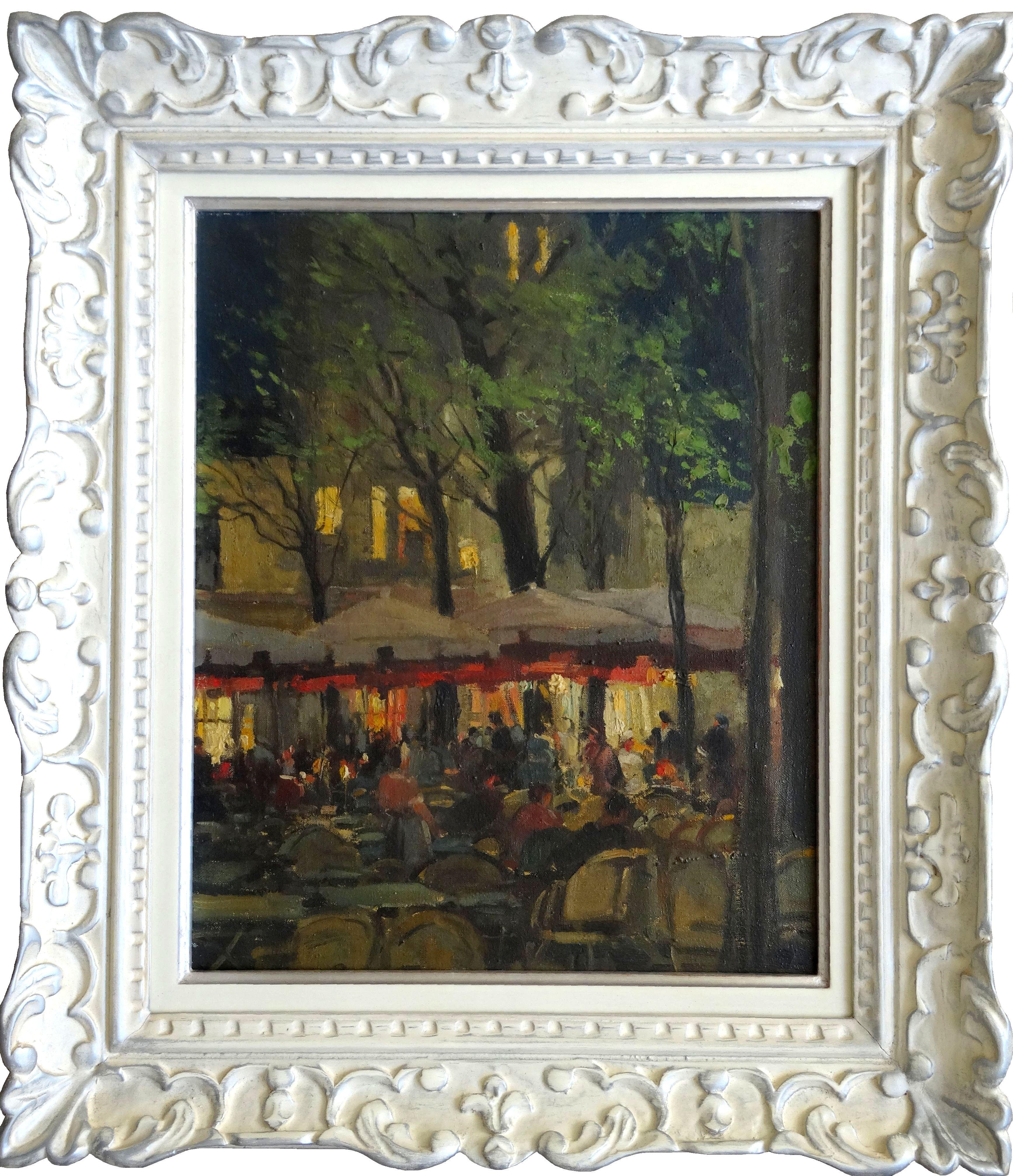 Restaurant terrace at evening in Montmartre, Paris. Oil on canvas, 46x38 cm For Sale 3