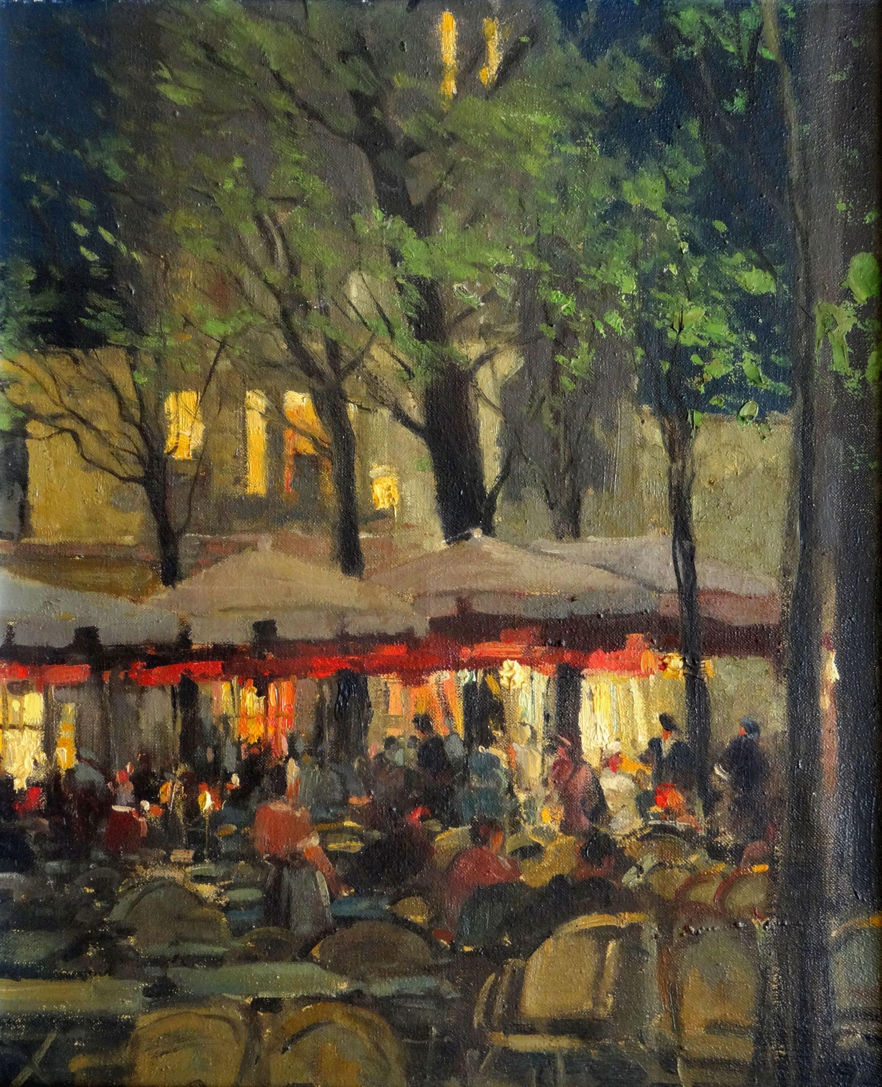 Serge Kislakoff Figurative Painting - Restaurant terrace at evening in Montmartre, Paris. Oil on canvas, 46x38 cm