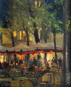 Retro Restaurant terrace at evening in Montmartre, Paris. Oil on canvas, 46x38 cm