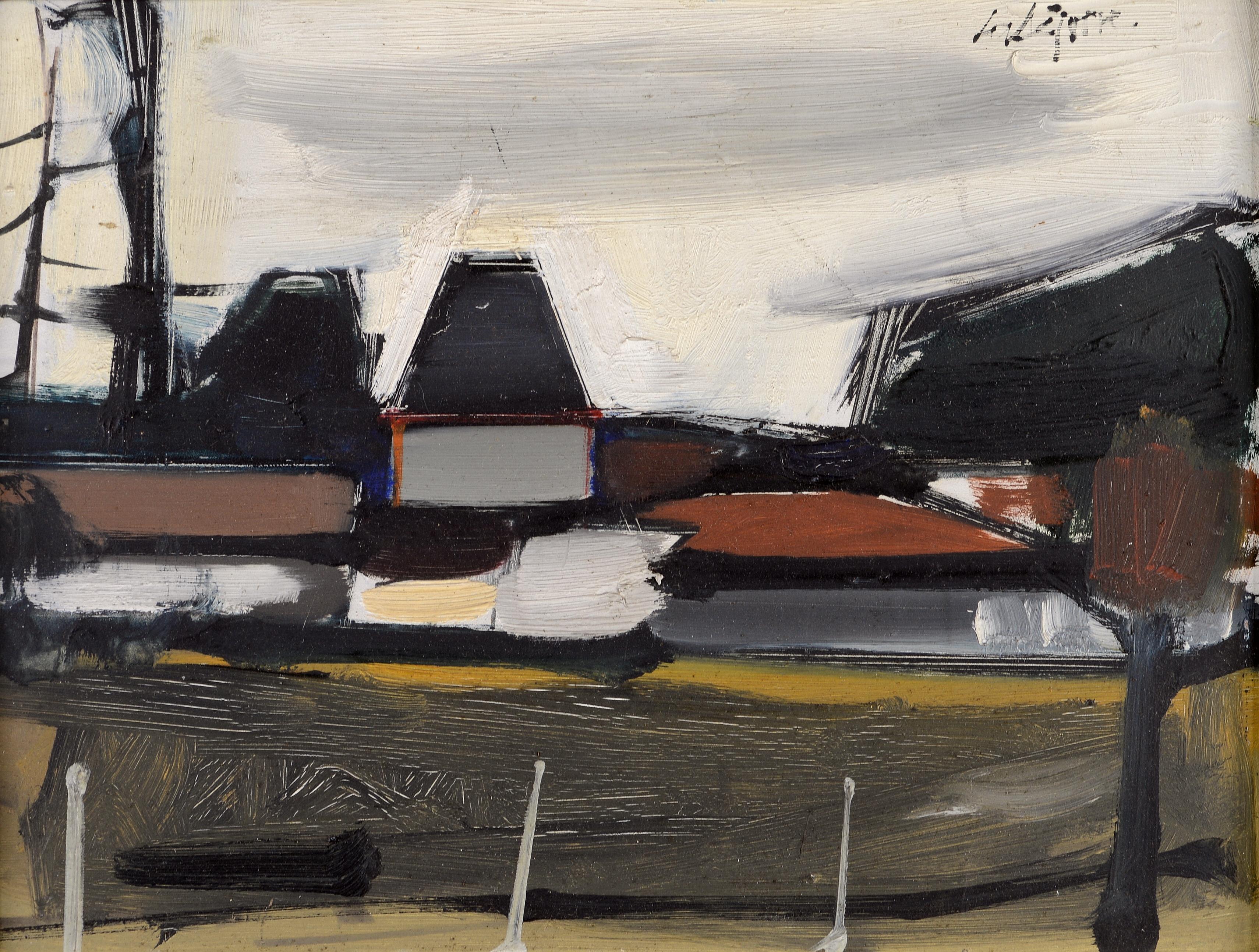 Paysage a Préchac - Peinture expressionniste française du milieu du siècle sur la Gironde - Painting de Serge Labégorre