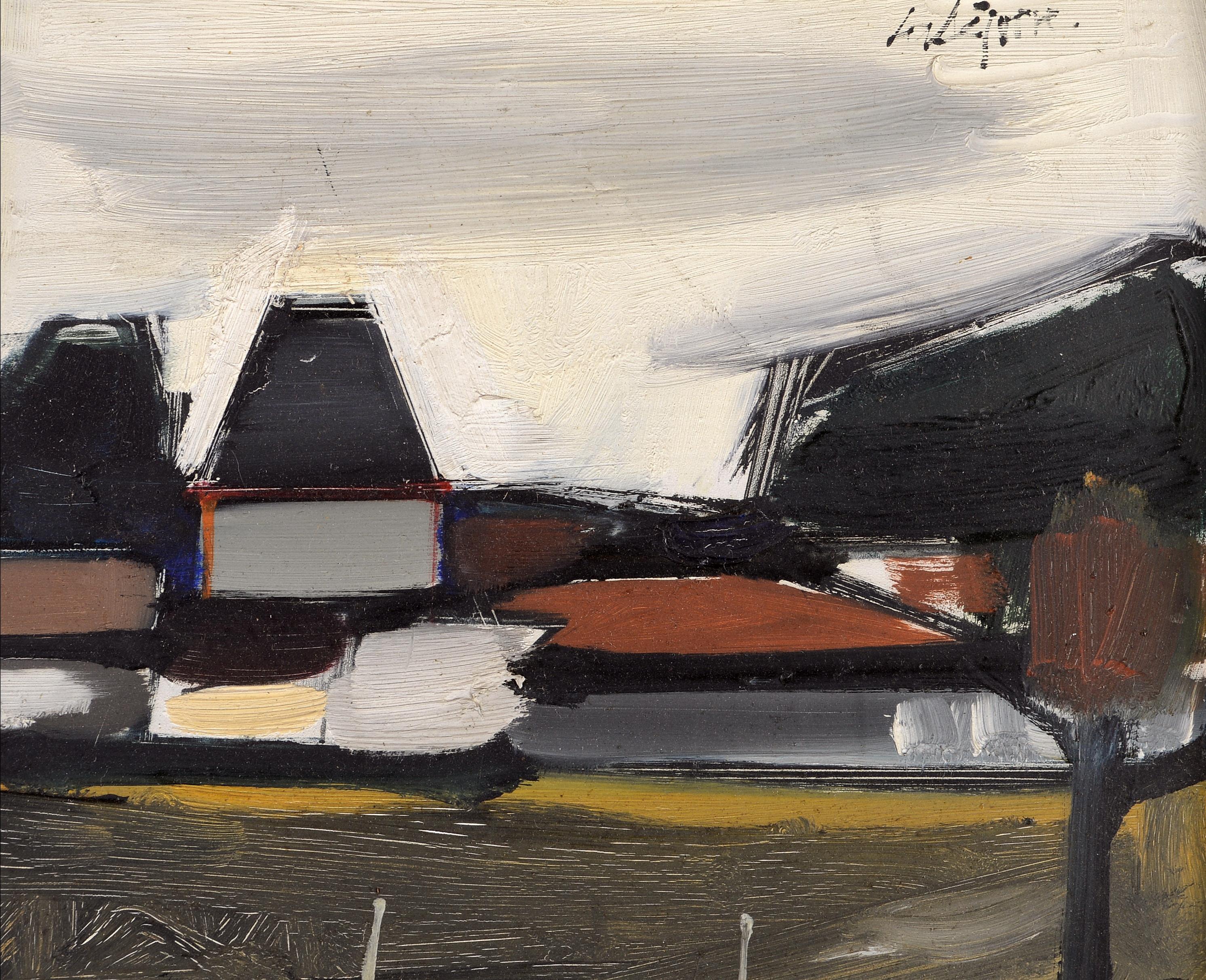 Paysage a Préchac - Peinture expressionniste française du milieu du siècle sur la Gironde - Beige Landscape Painting par Serge Labégorre