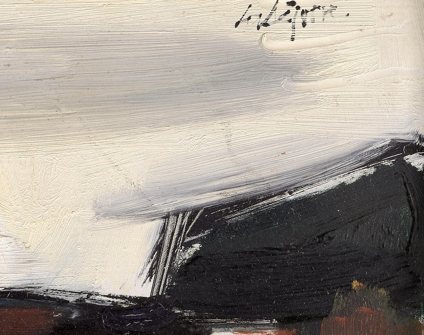 Paysage a Préchac - Peinture expressionniste française du milieu du siècle sur la Gironde en vente 1