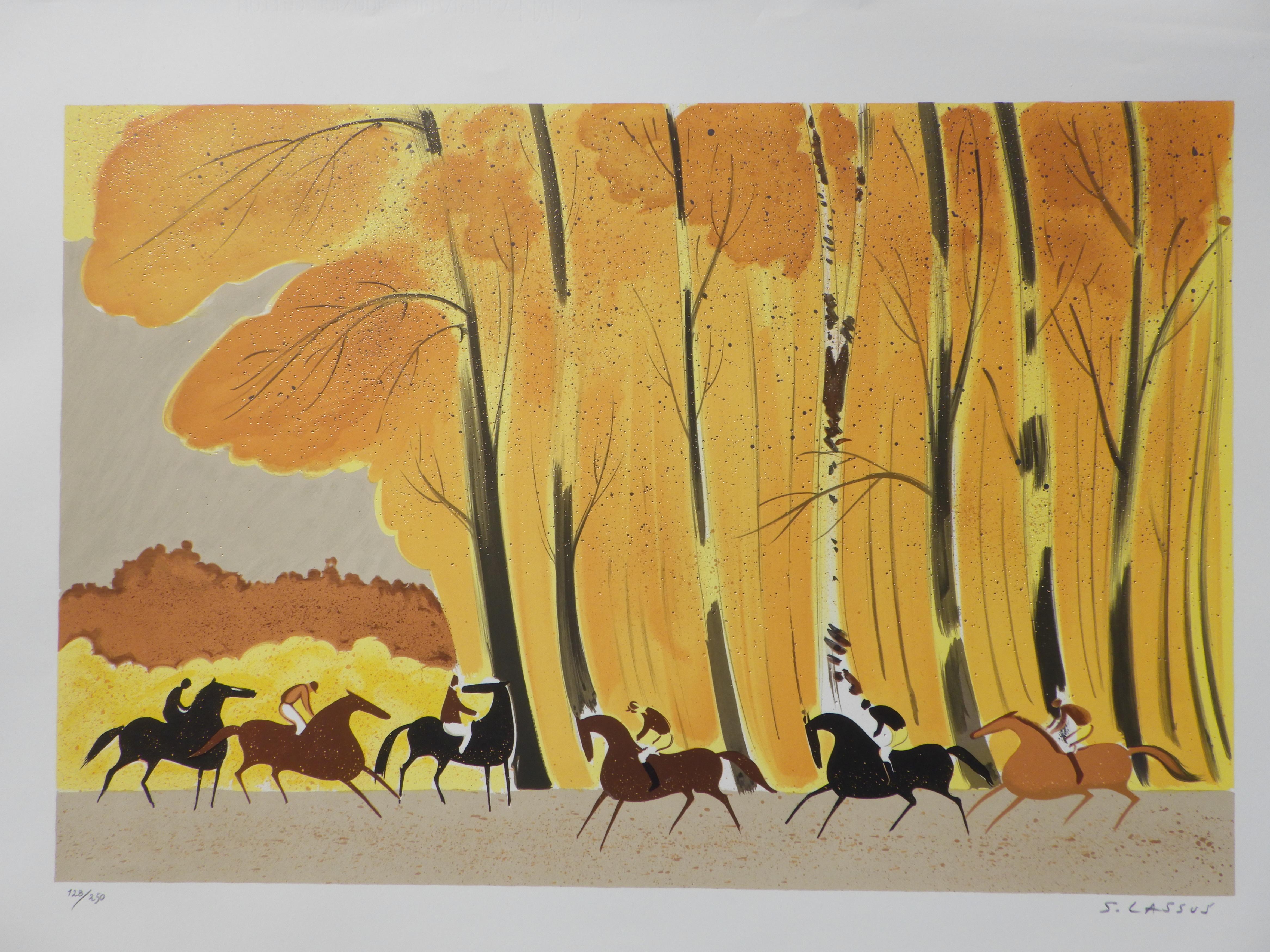 Cavalli: cavalcare in autunno - Litografia originale, firmata a mano & Ltd /250 - Print di Serge LASSUS