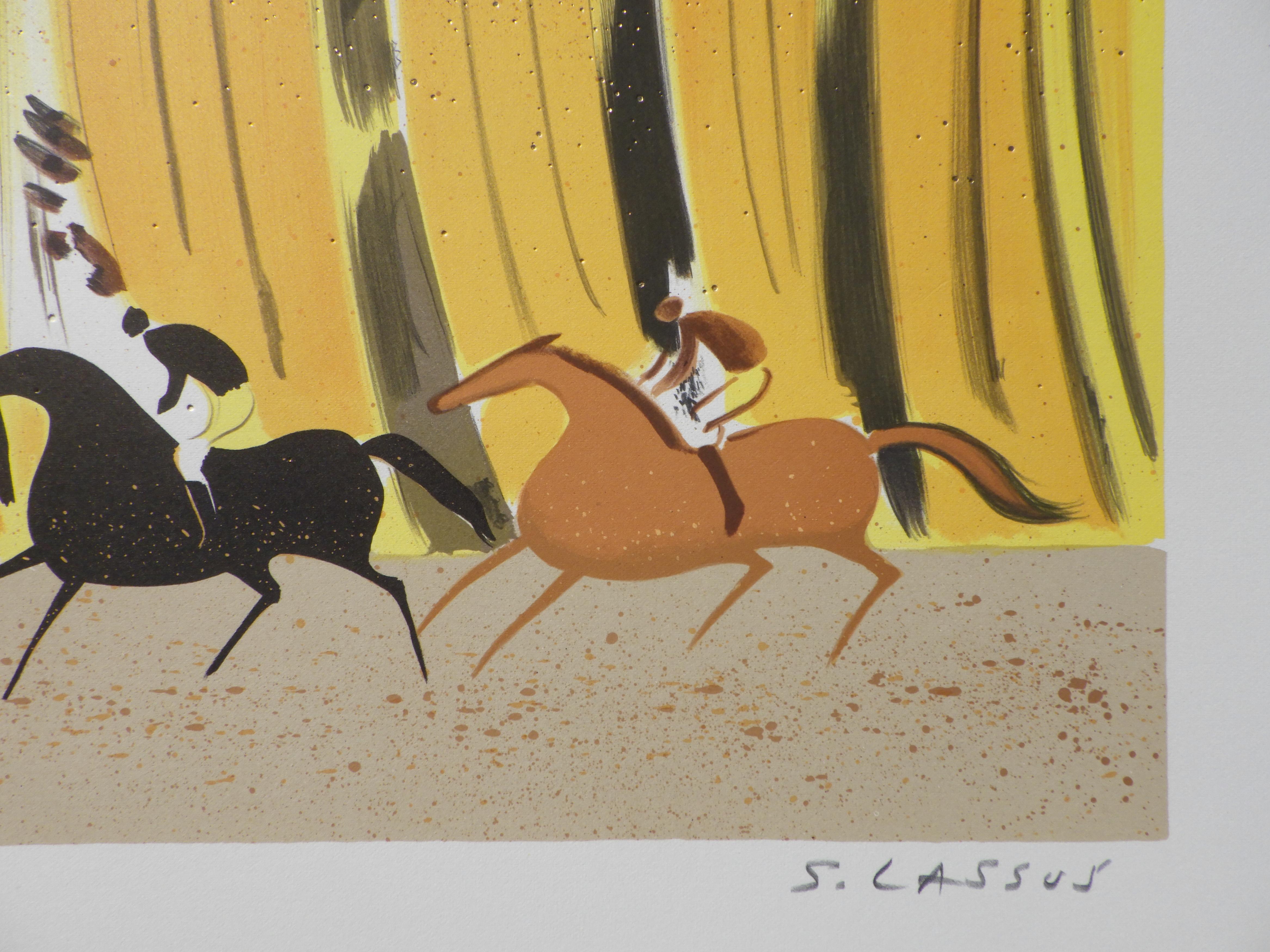 Horses : Horse Riding in Autumn - Original Lithograph, HANDSIGNED & Ltd /250 - Modern Print by Serge LASSUS