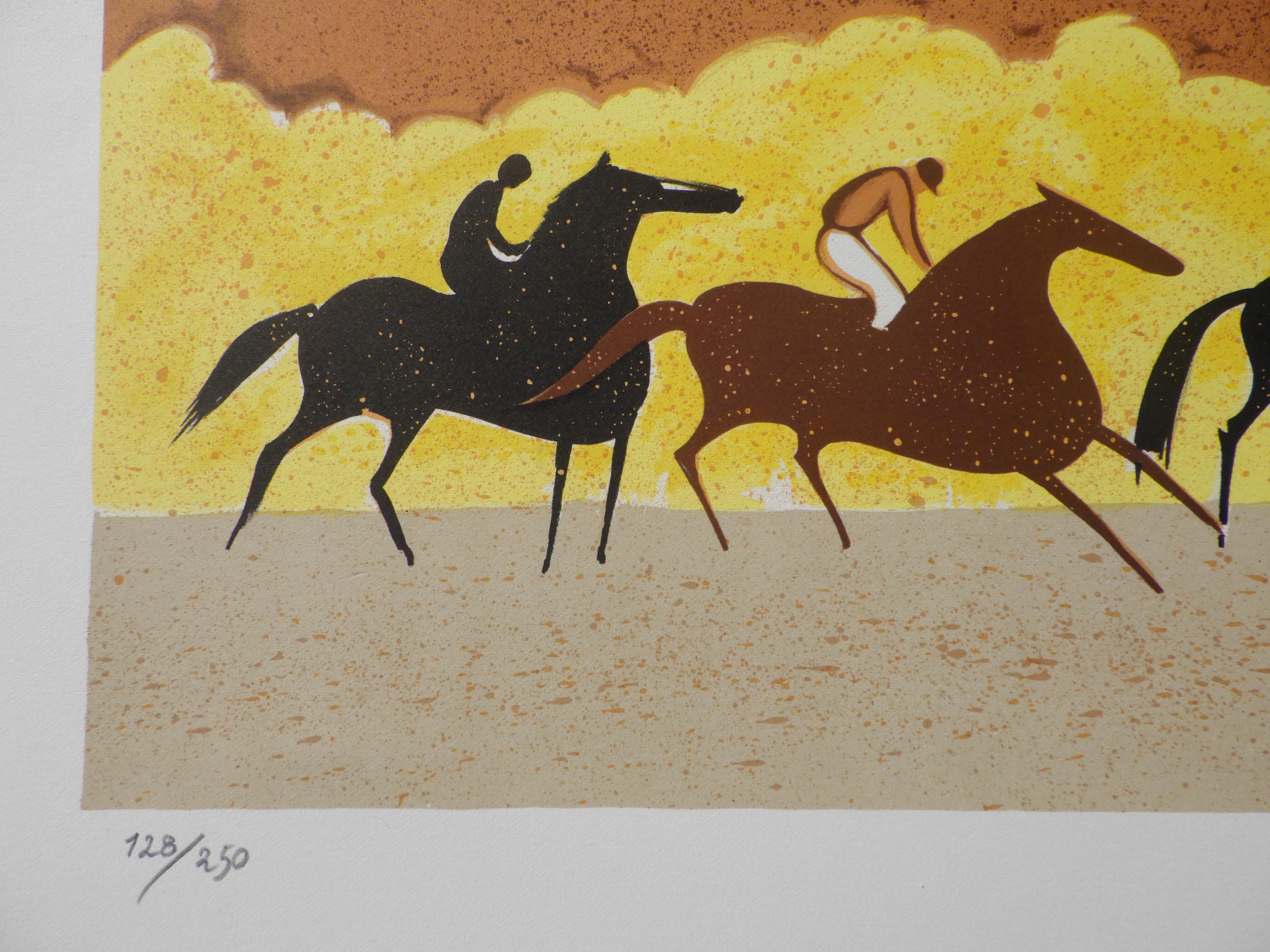 Cavalli: cavalcare in autunno - Litografia originale, firmata a mano & Ltd /250 - Landscape Print Marrone di Serge LASSUS