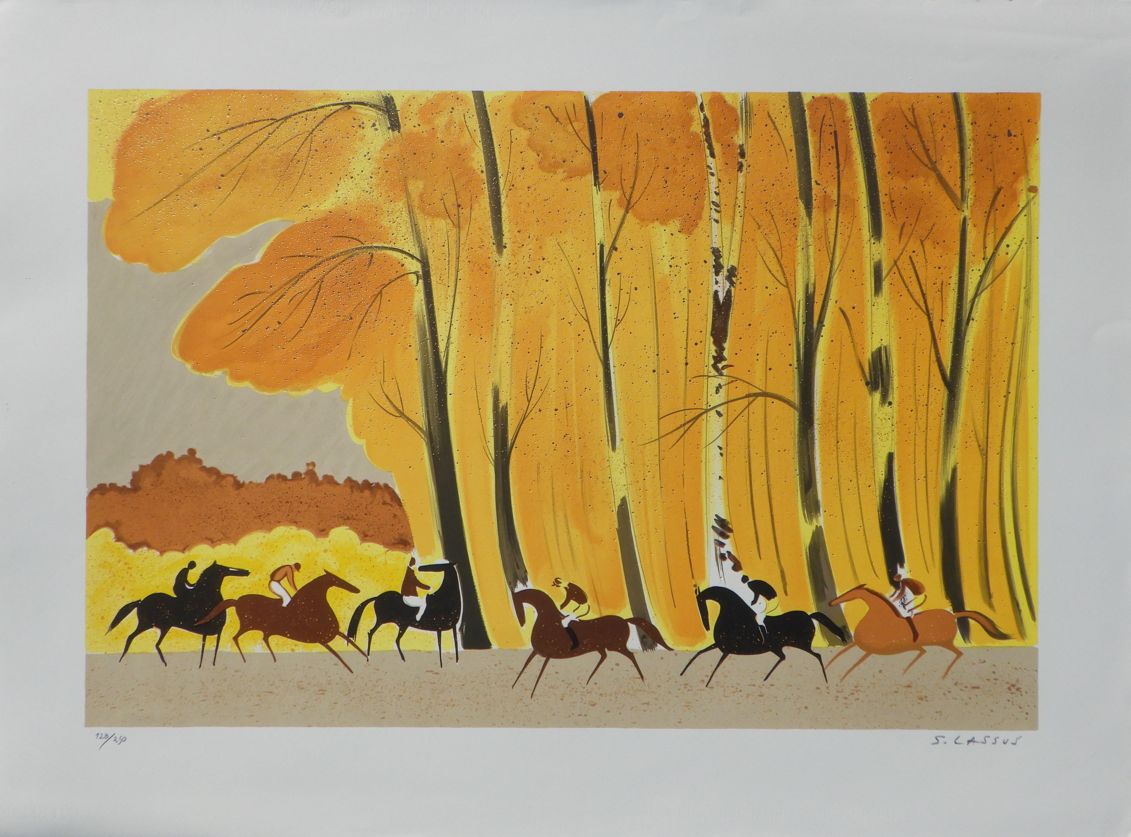 Landscape Print di Serge LASSUS - Cavalli: cavalcare in autunno - Litografia originale, firmata a mano & Ltd /250