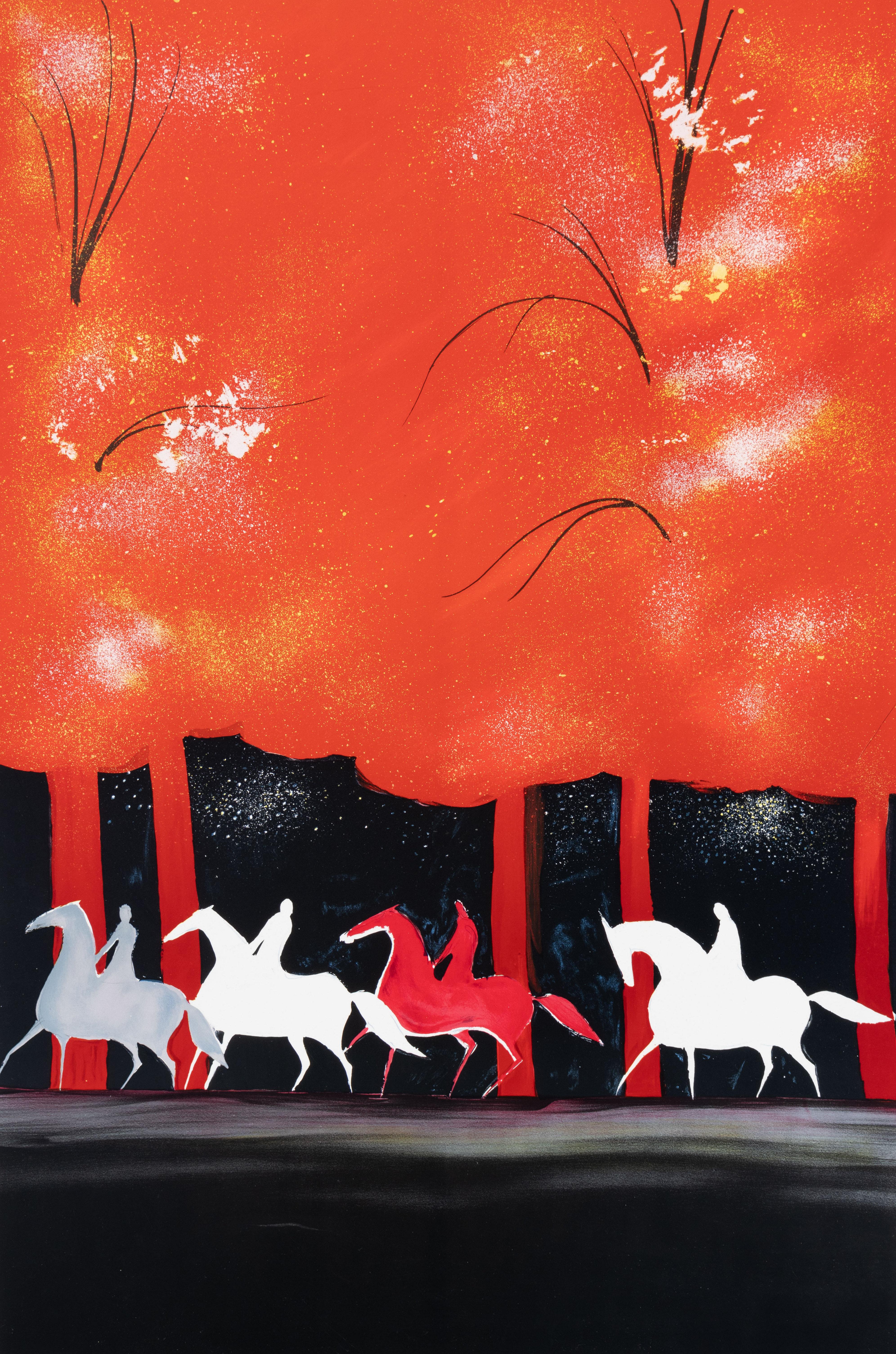 Horses : Riders and Blood Forest - Original Lithograph, HANDSIGNED & Ltd /600 - Print by Serge LASSUS