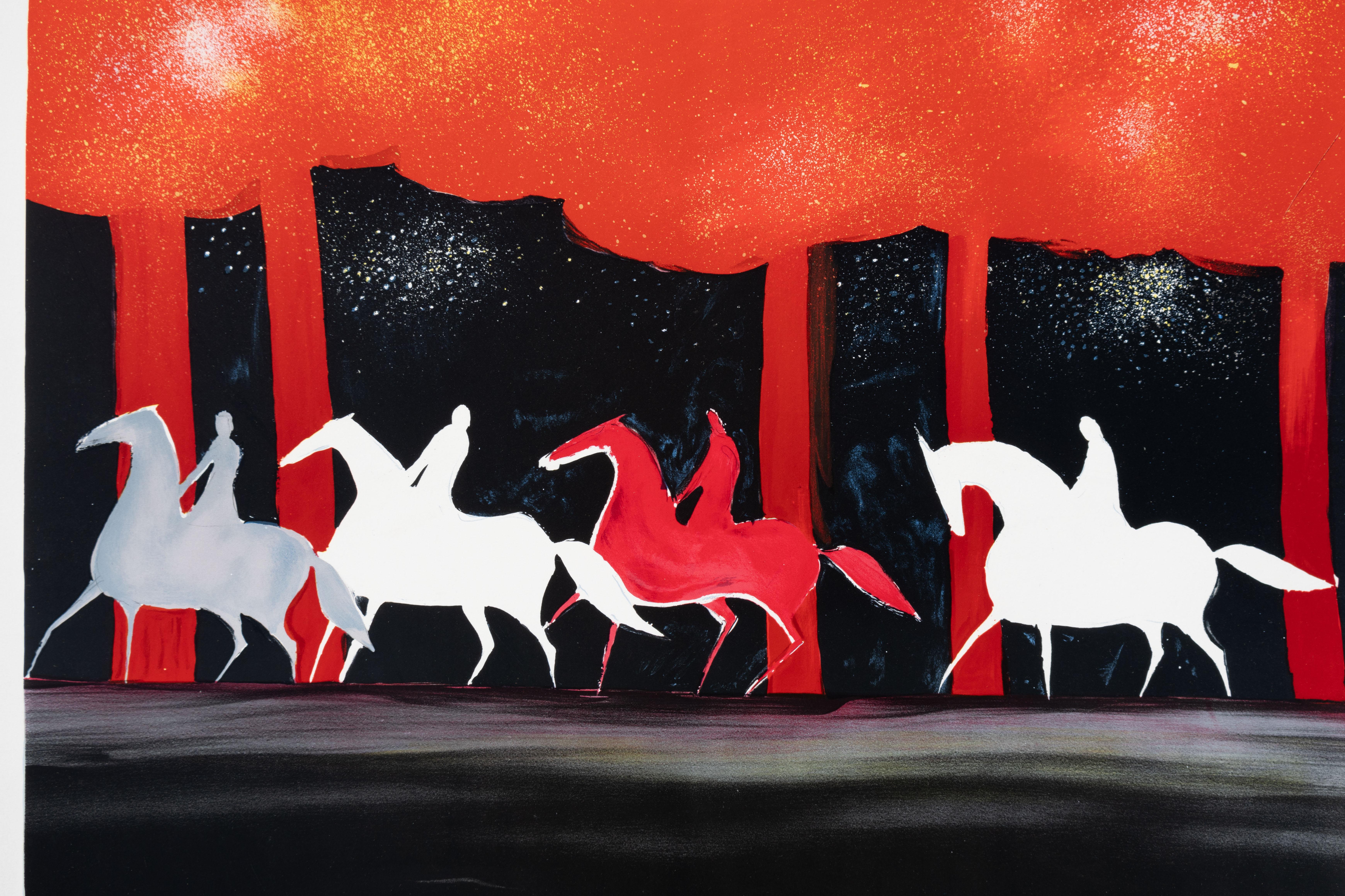 Serge LASSUS (1933-)
Horses : Riders and Blood Forest, 1983

Original Lithograph
Handsigned in pencil
Numbered / 600 (the number you can see can be different)
On Vellum 76 x 56 cm (c. 22 x 30 in)

Excellent condition