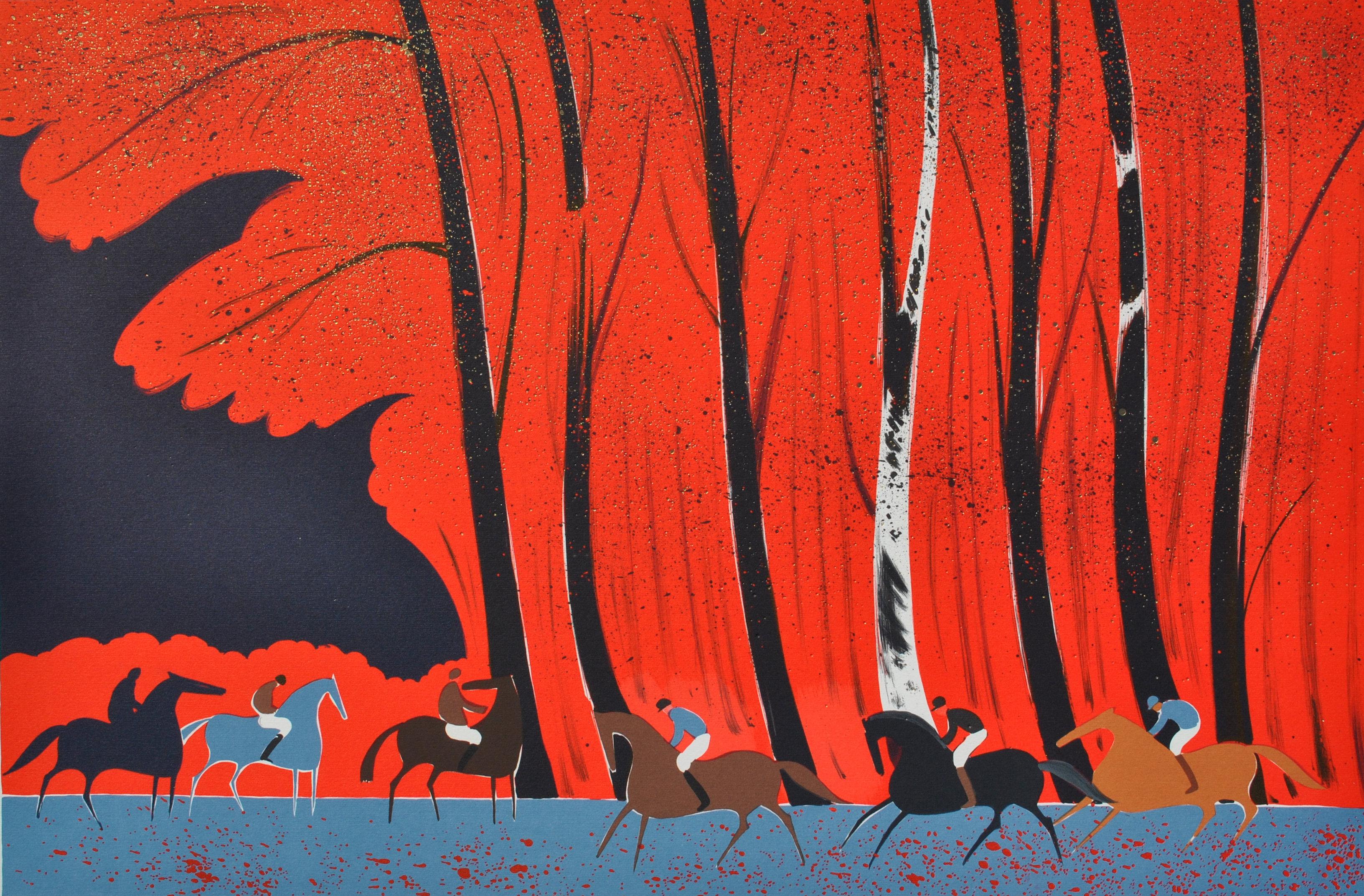Caballos : Jinetes y bosque en llamas - Litografía original, FIRMADA A MANO & Ltd /250 - Print Moderno de Serge LASSUS