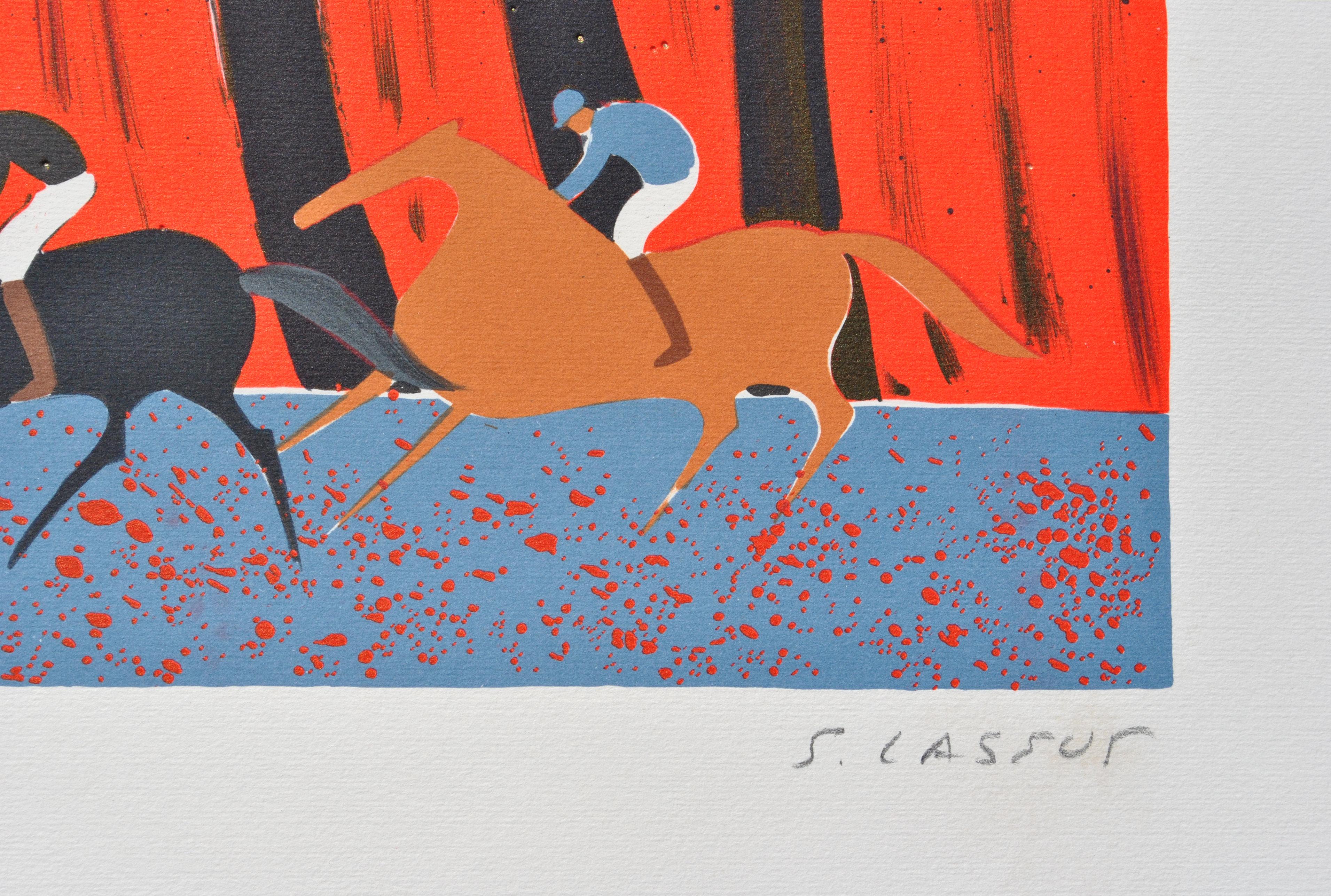Caballos : Jinetes y bosque en llamas - Litografía original, FIRMADA A MANO & Ltd /250 - Landscape Print Rojo de Serge LASSUS