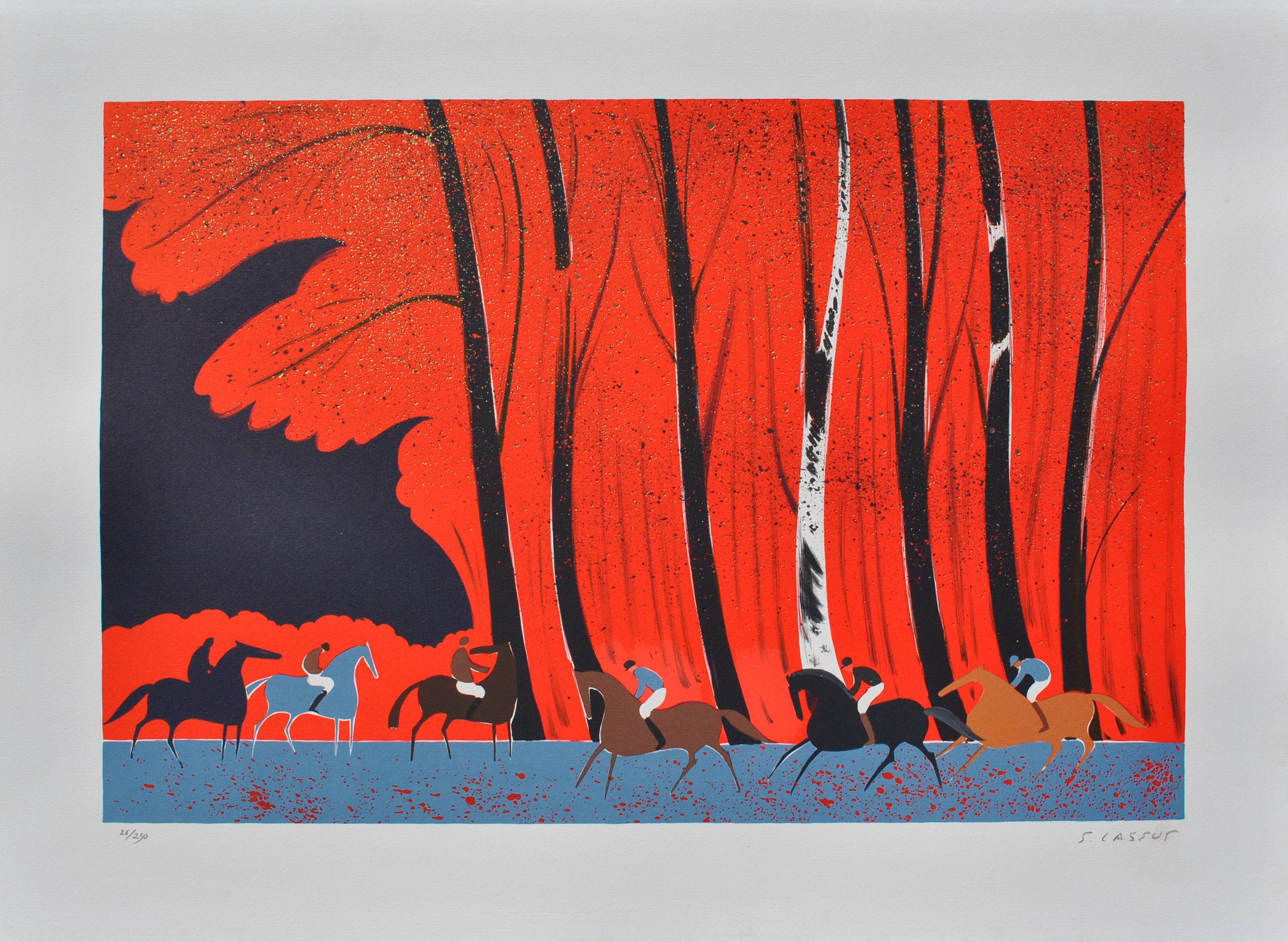 Landscape Print de Serge LASSUS - Caballos : Jinetes y bosque en llamas - Litografía original, FIRMADA A MANO & Ltd /250