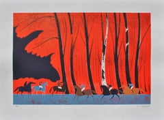 Pferde: Reiter und geflammter Wald – Originallithographie, HANDSIGNED & Ltd /250