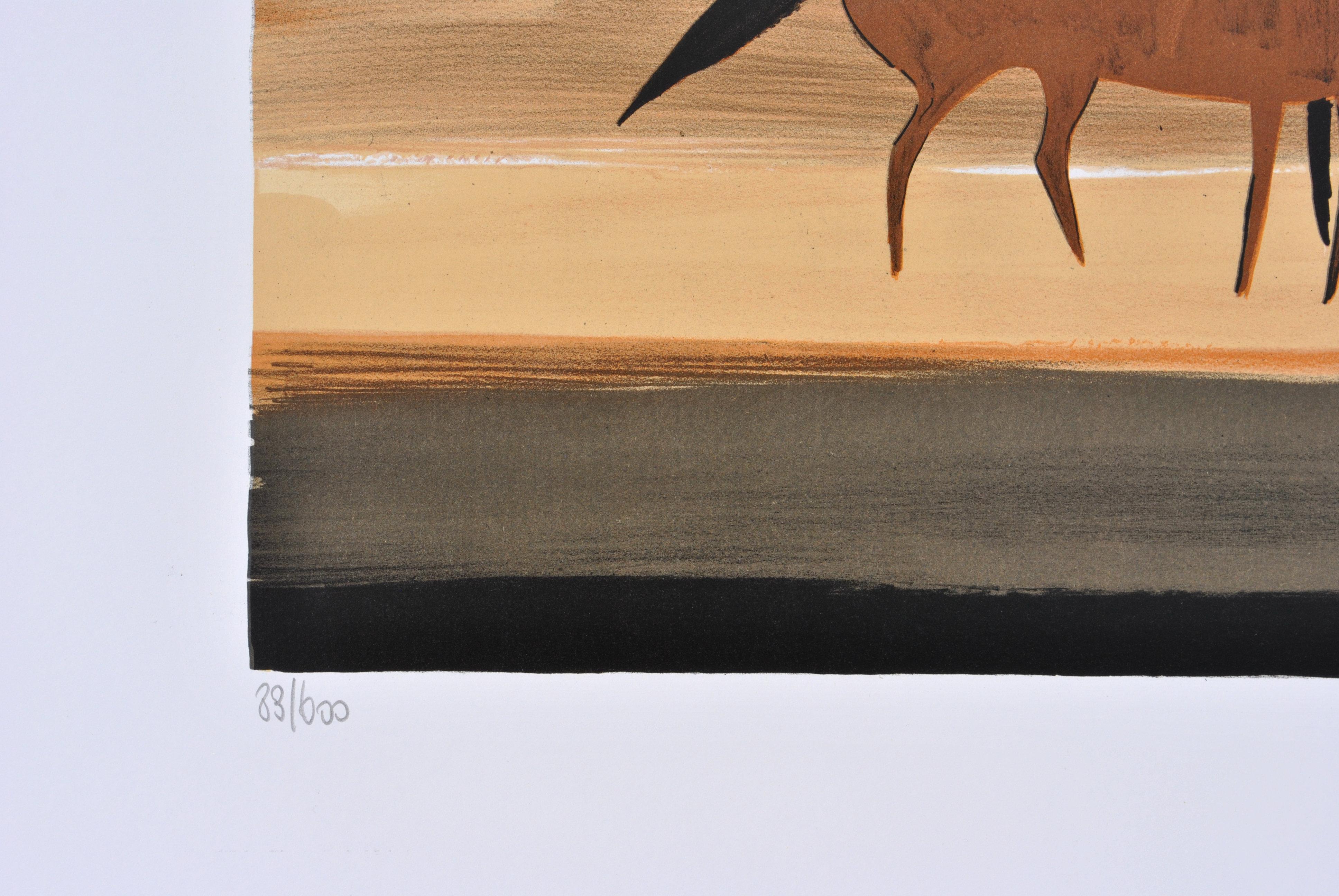Caballos : Jinetes en otoño - Litografía original, FIRMADA A MANO & Ltd /600 - Landscape Print Gris de Serge LASSUS