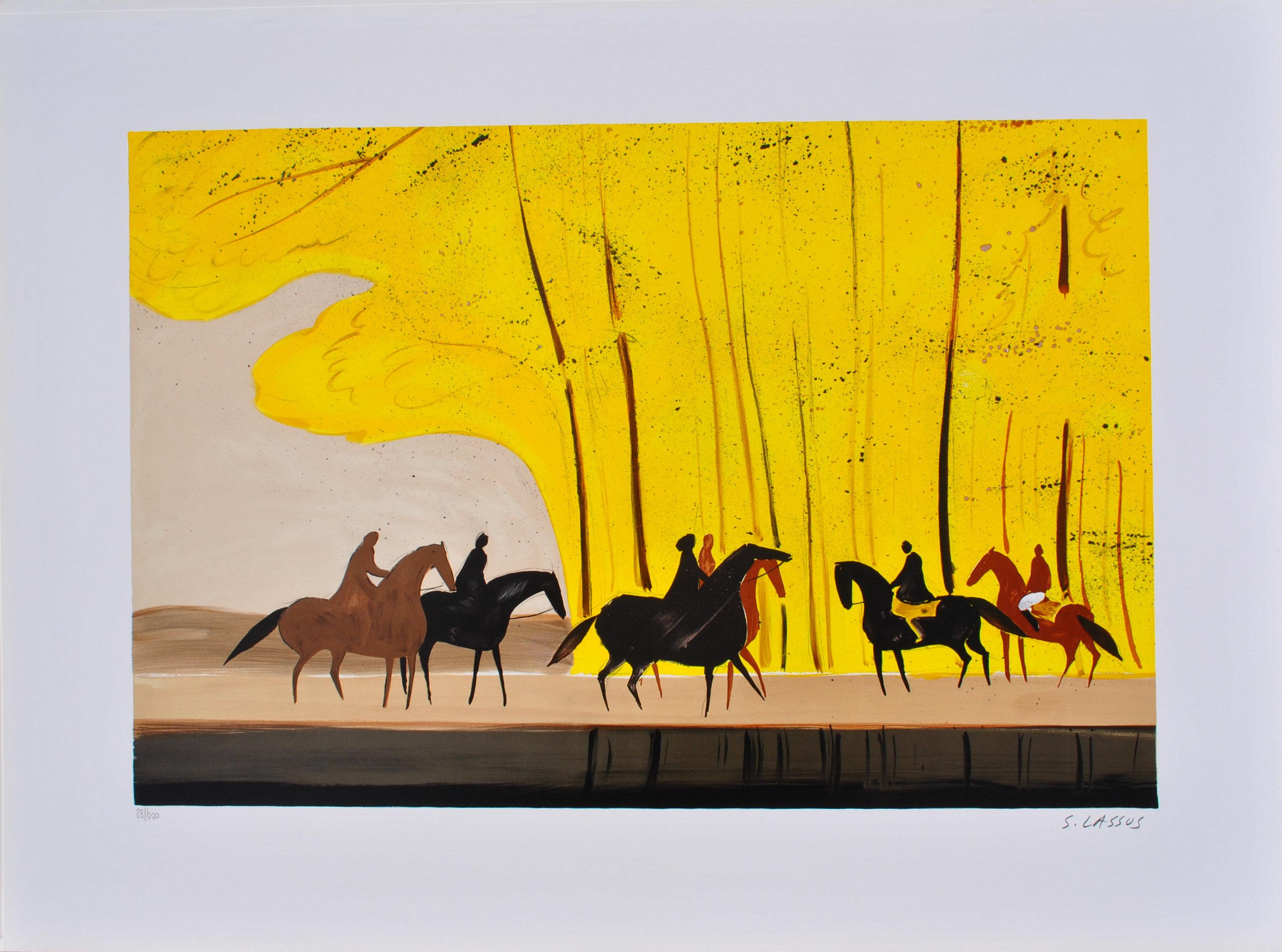 Landscape Print de Serge LASSUS - Caballos : Jinetes en otoño - Litografía original, FIRMADA A MANO & Ltd /600