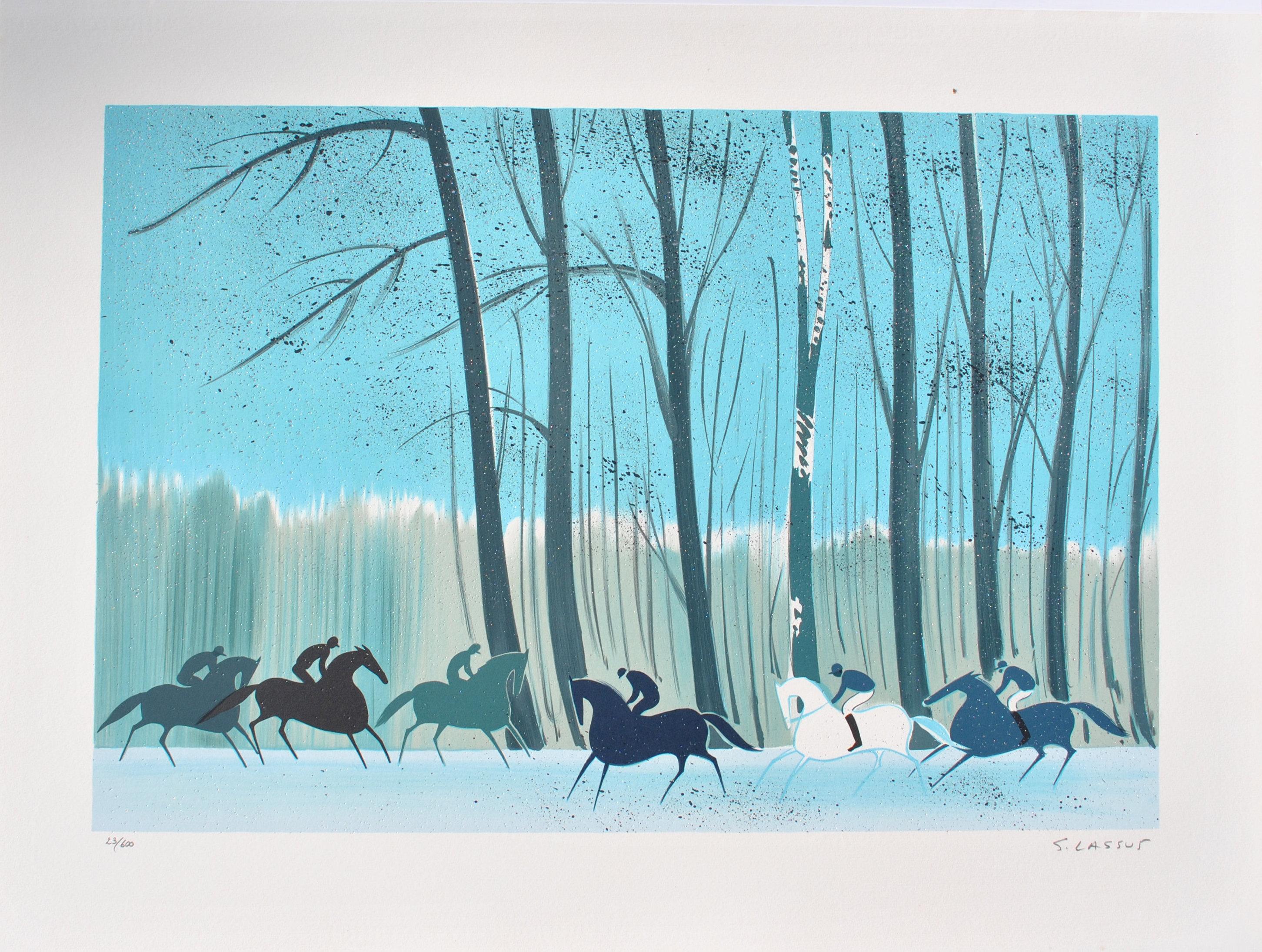 Horses : Riders in Winter - Original Lithograph, HANDSIGNED & Ltd /600 - Print by Serge LASSUS