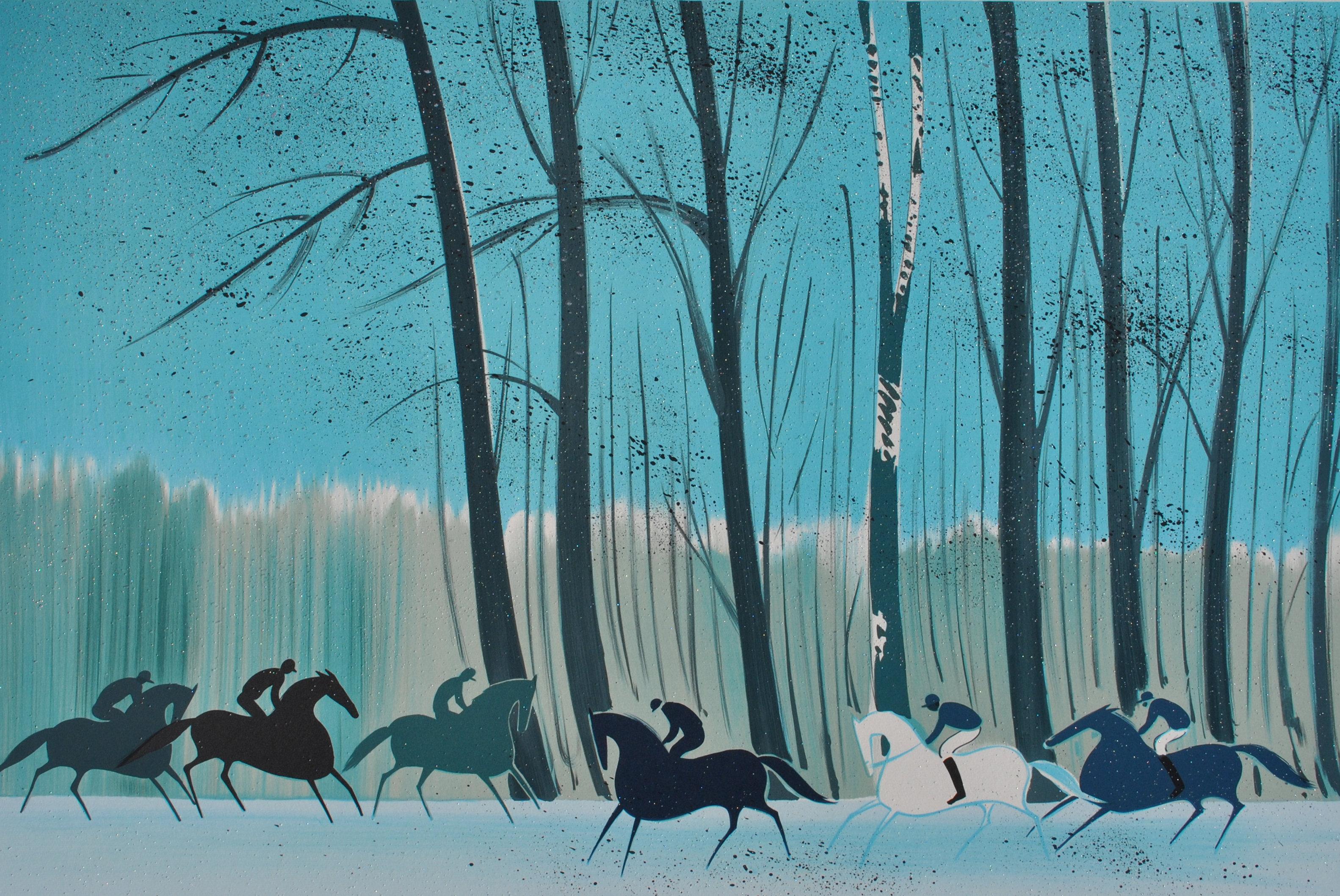 Horses : Riders in Winter - Original Lithograph, HANDSIGNED & Ltd /600 - Modern Print by Serge LASSUS