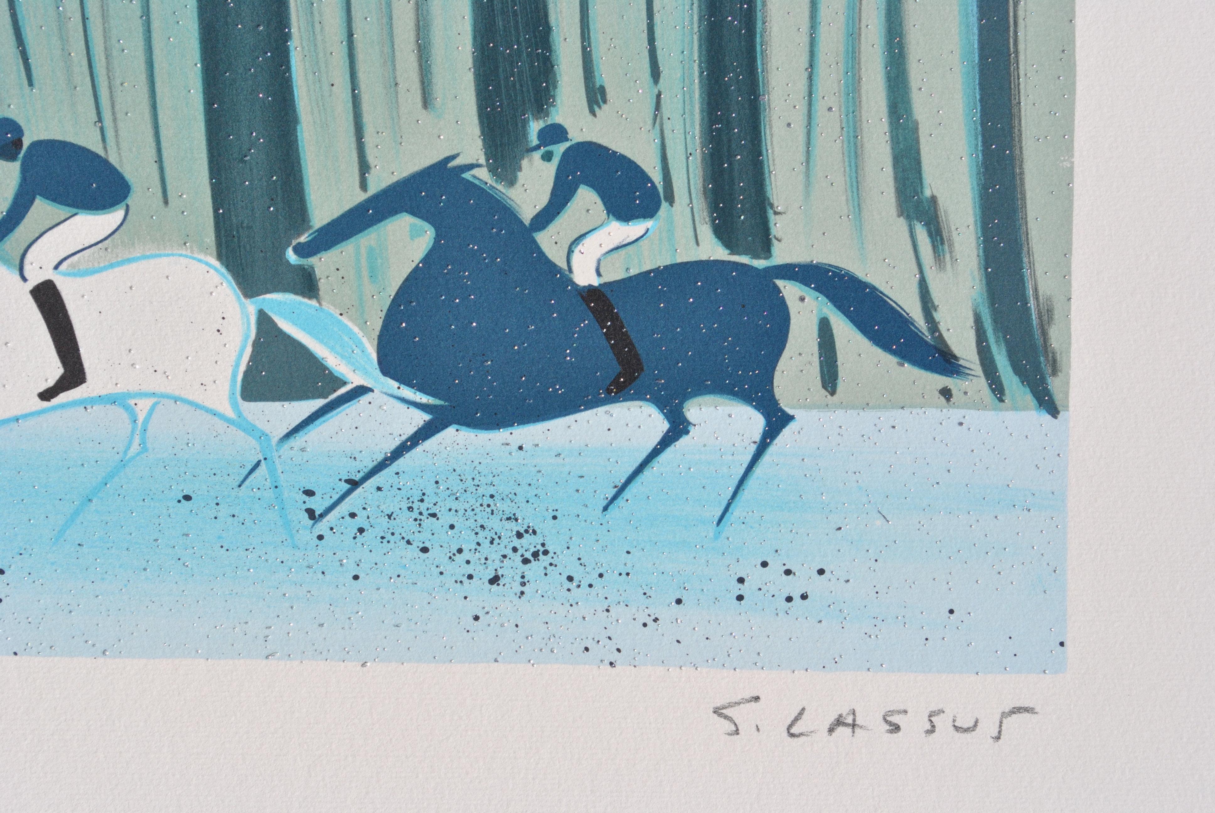 Horses : Riders in Winter - Original Lithograph, HANDSIGNED & Ltd /600 - Blue Landscape Print by Serge LASSUS