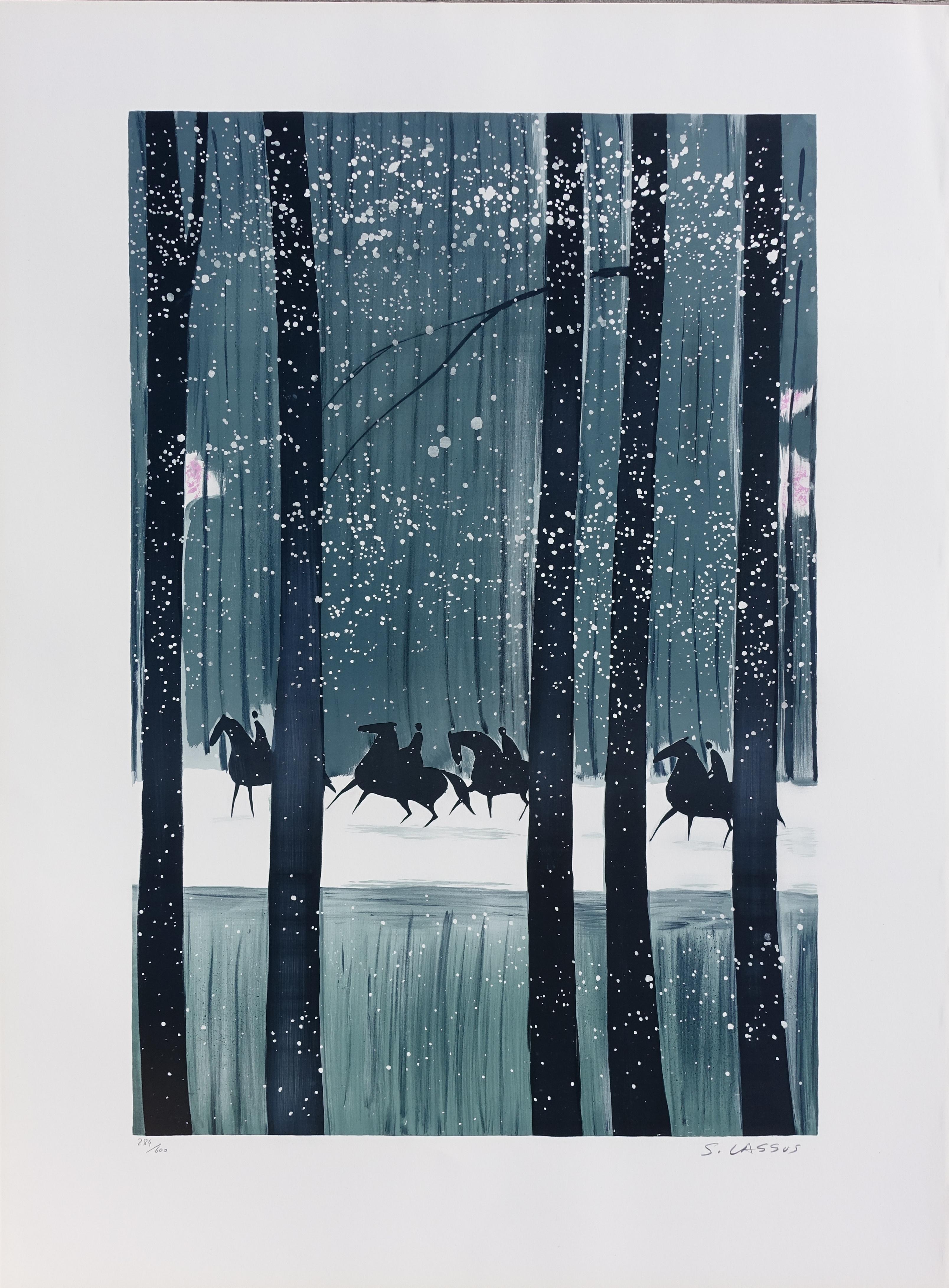 Caballos : Jinetes de invierno - Litografía original, FIRMADA A MANO & Ltd /600 - Print de Serge LASSUS