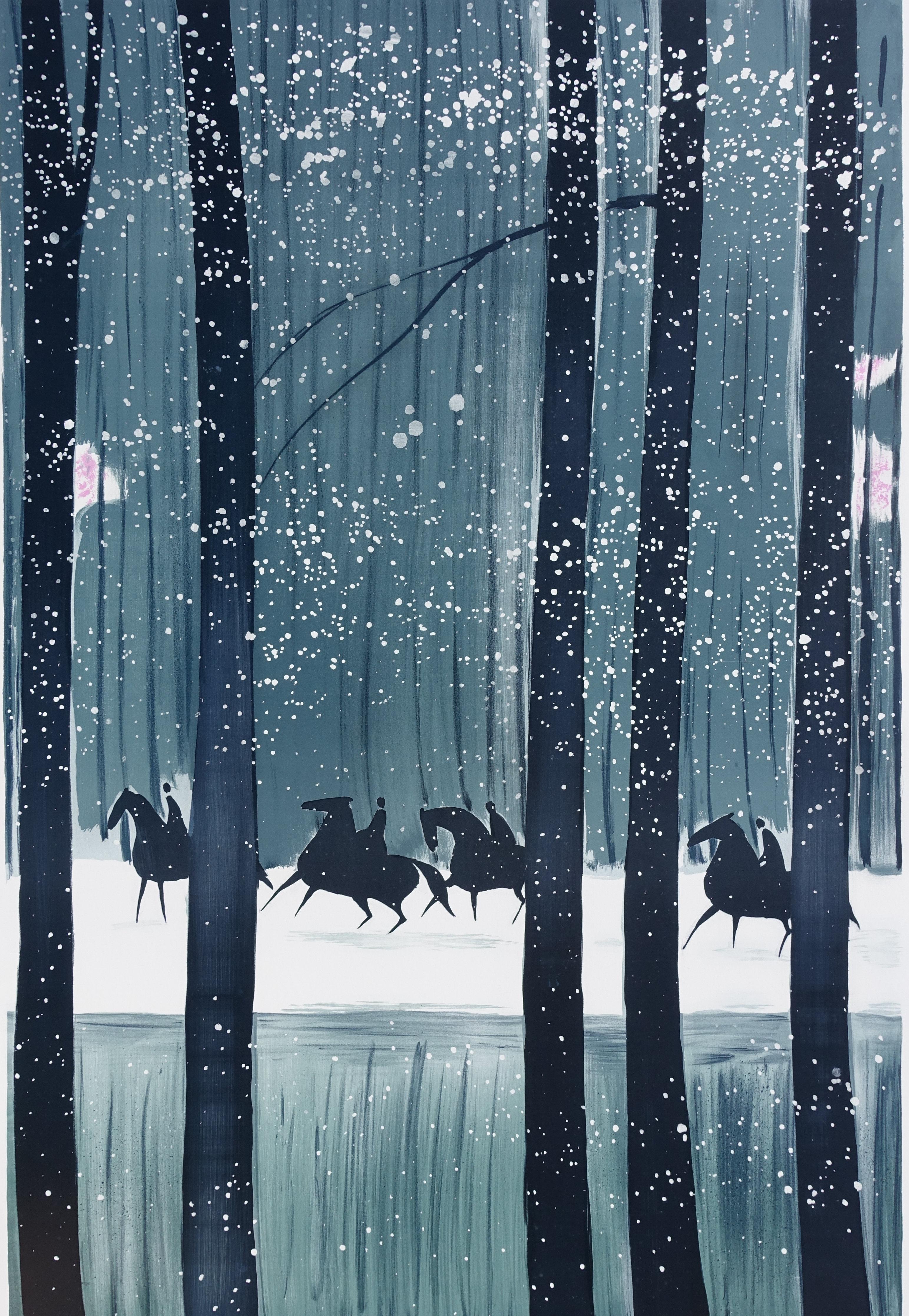 Caballos : Jinetes de invierno - Litografía original, FIRMADA A MANO & Ltd /600 - Print Moderno de Serge LASSUS