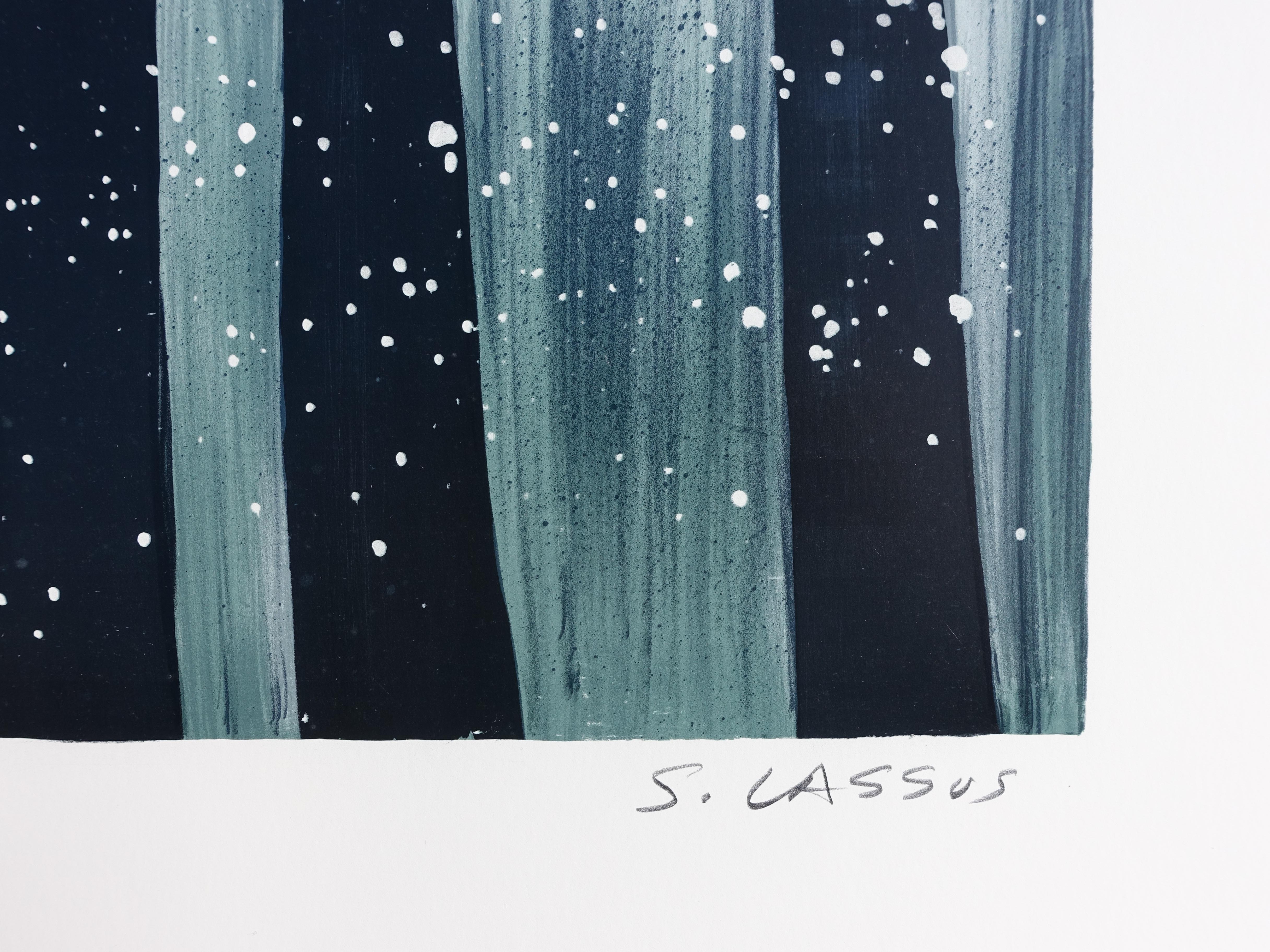 Caballos : Jinetes de invierno - Litografía original, FIRMADA A MANO & Ltd /600 - Landscape Print Gris de Serge LASSUS