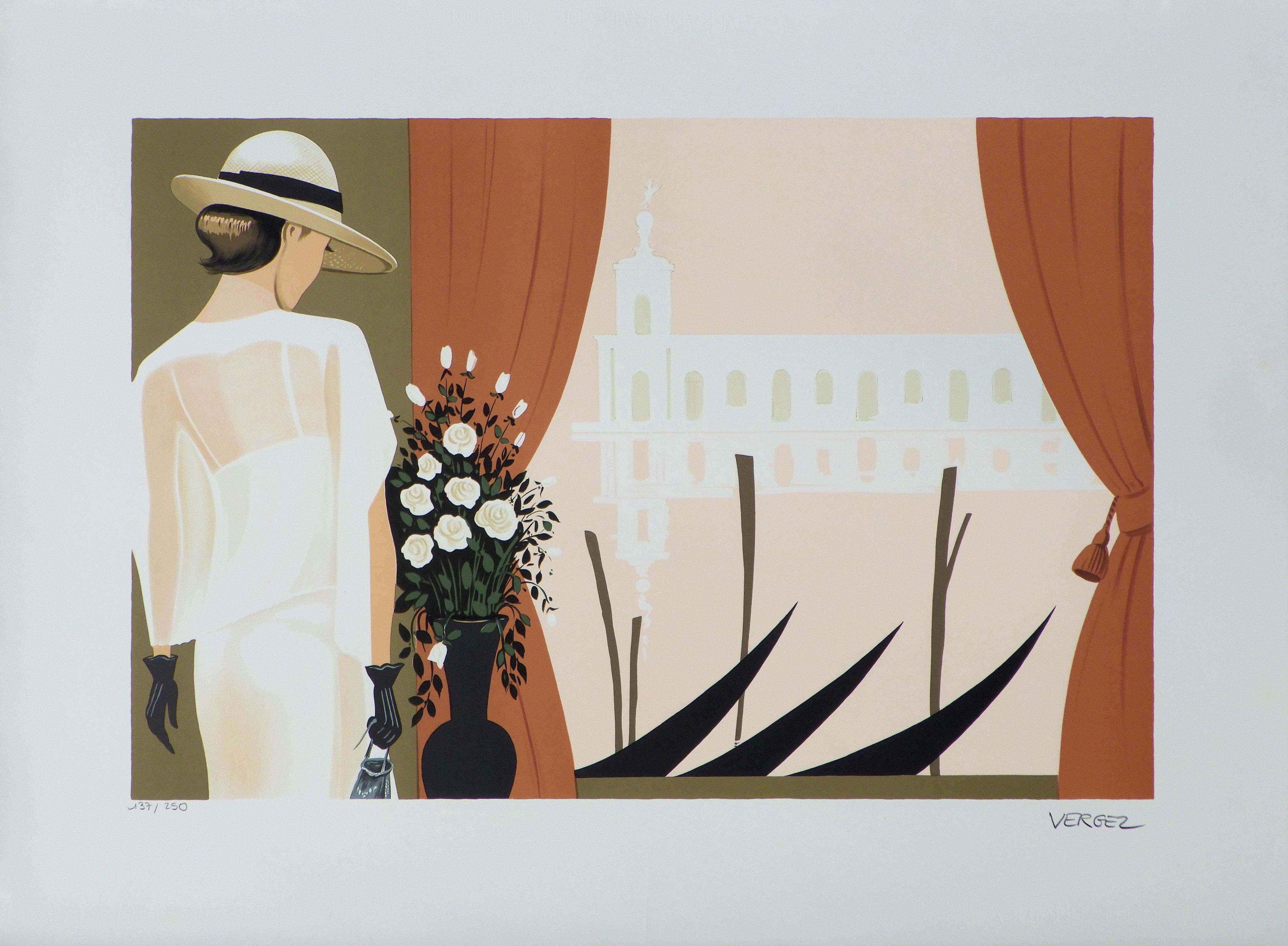 Venice : Schöne Frau in Venedig – Originallithographie, HANDSIGNED & Ltd /250