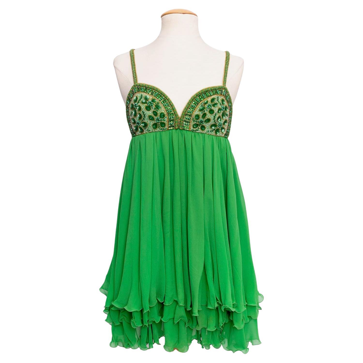 Serge Lepage Skater Dress in Silk Chiffon Embroidered with Pearly Beads For Sale