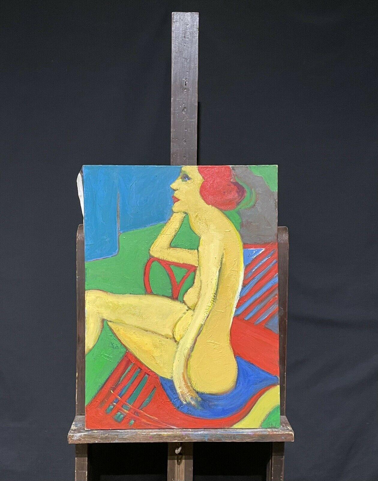 LARGE FRENCH MODERNIST OIL - NUDE LADY SEATED MODELLING FOR ARTIST - Painting by Serge Mallett