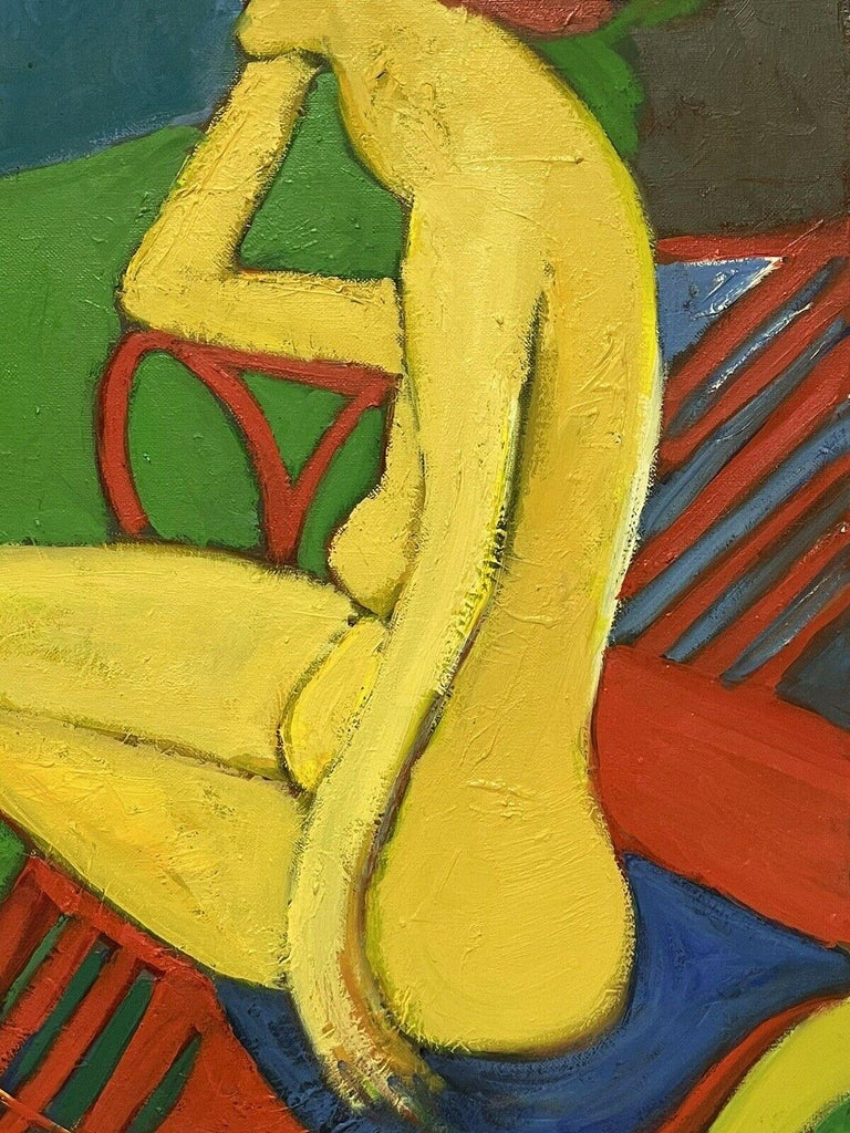 LARGE FRENCH MODERNIST OIL - NUDE LADY SEATED MODELLING FOR ARTIST - Beige Interior Painting by Serge Mallett