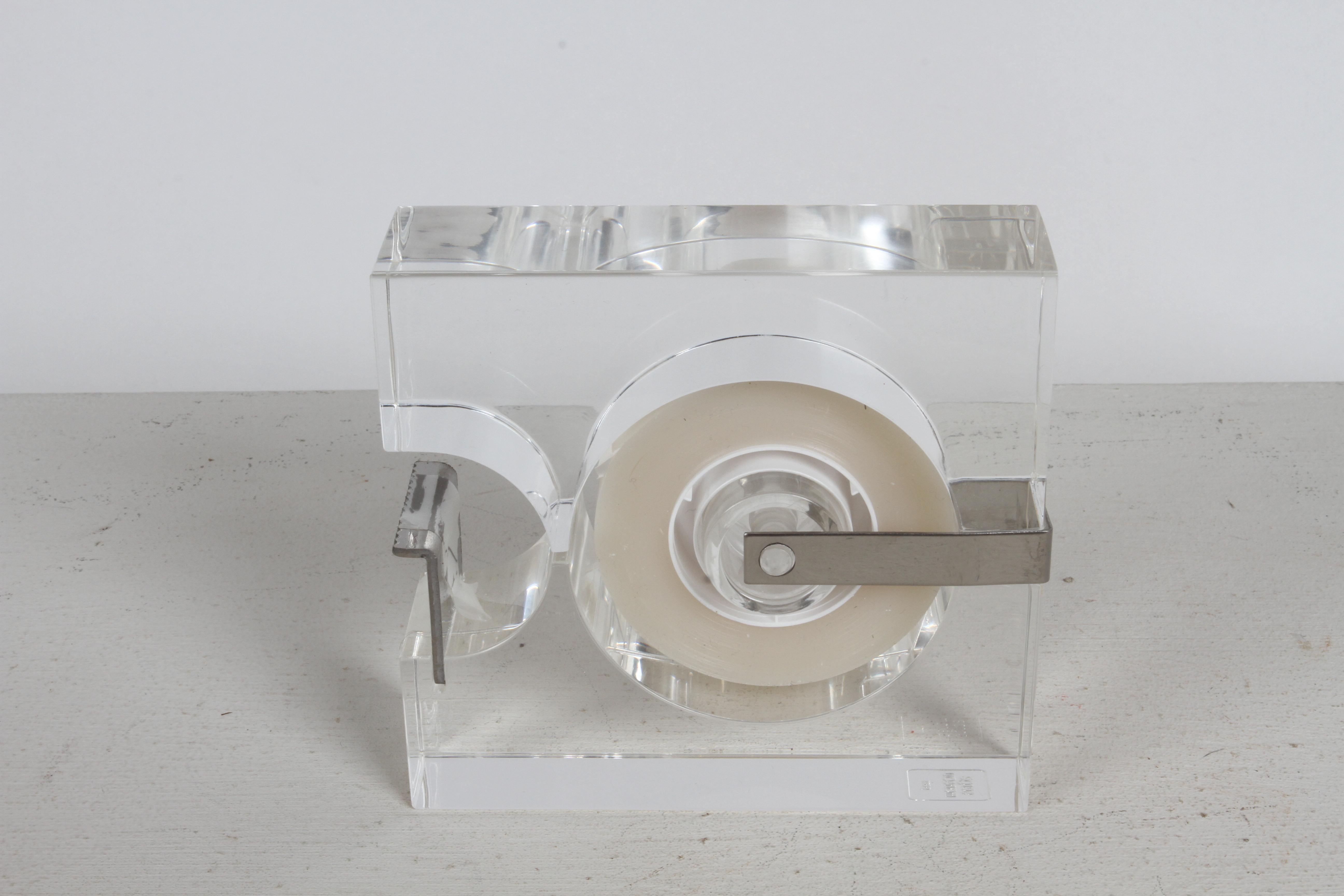 Steel Serge Mansau for Fratelli Guzzini Italy MCM Designed Lucite Tape Dispenser - NOS For Sale