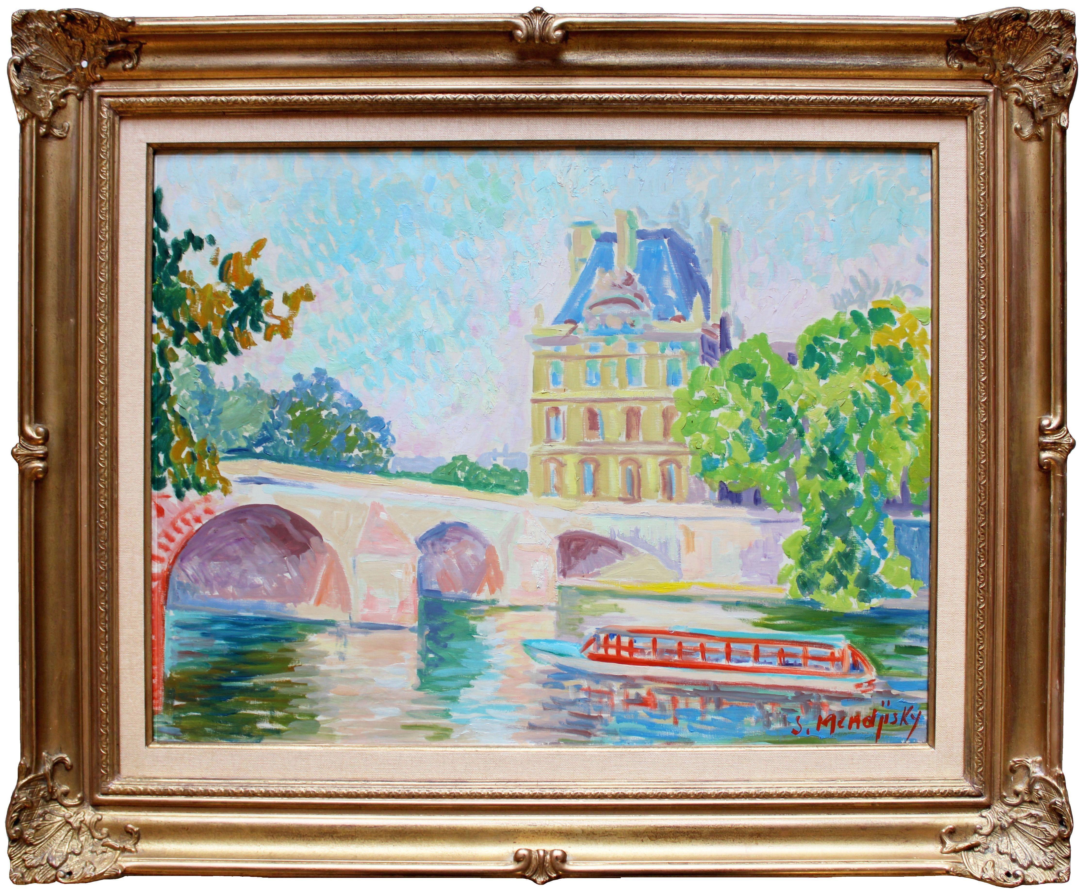 The Seine at the Louvre. Oil on canvas, 50 x 65 cm - Painting by Serge Mendjisky