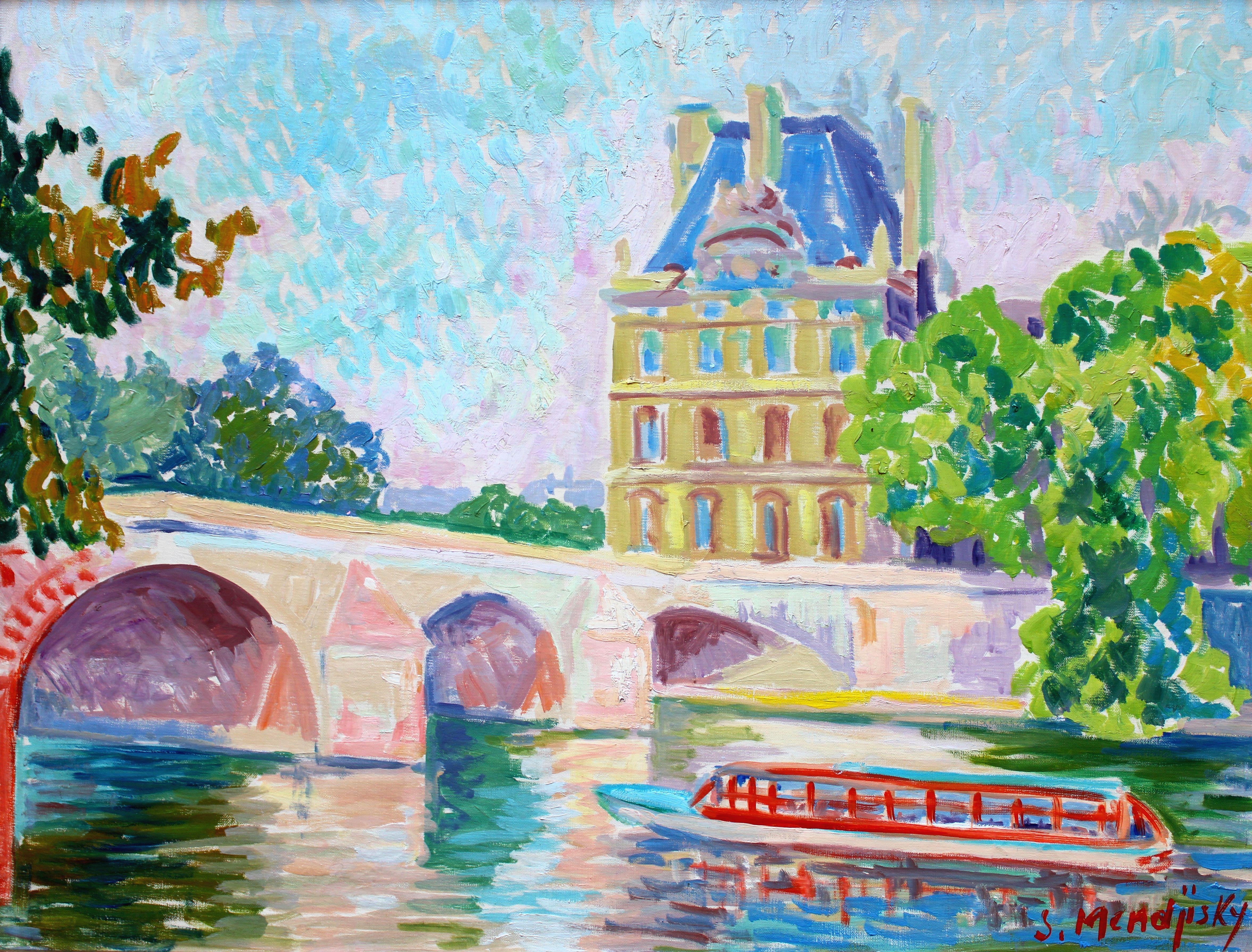 Serge Mendjisky Figurative Painting - The Seine at the Louvre. Oil on canvas, 50 x 65 cm