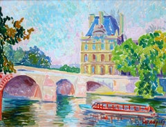 Vintage The Seine at the Louvre. Oil on canvas, 50 x 65 cm