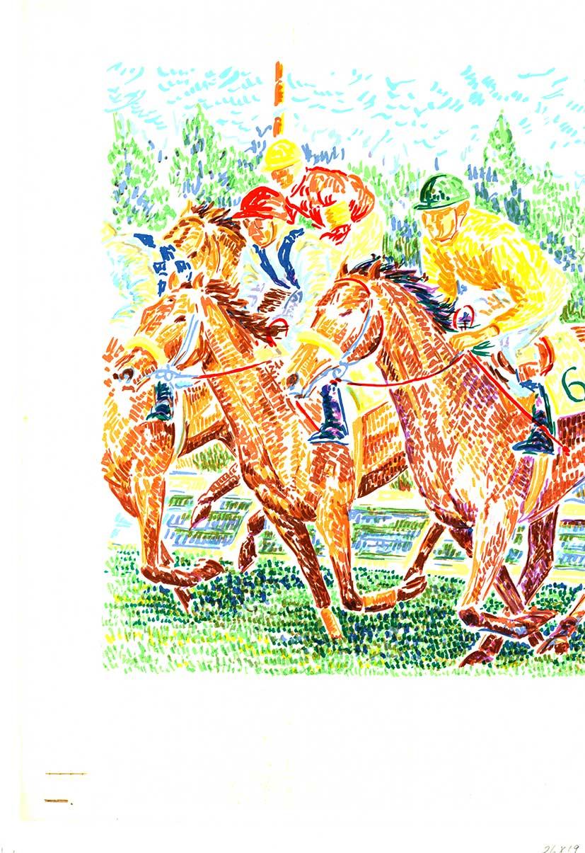 Les Courses -L'obstacle/de coté Pferderennen, Pointillistischer Druck Reitsport – Print von Serge Mendjisky