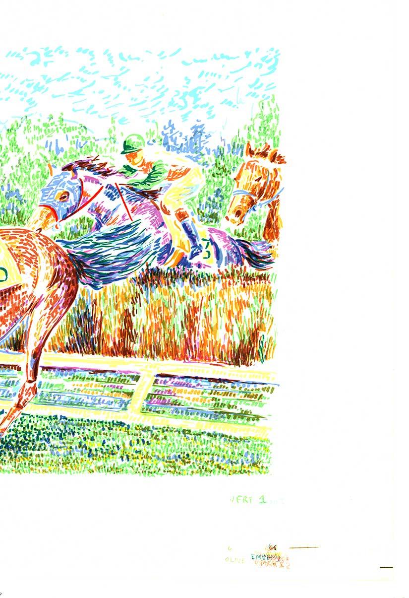 Les Courses -L'obstacle/de coté Pferderennen, Pointillistischer Druck Reitsport (Impressionismus), Print, von Serge Mendjisky