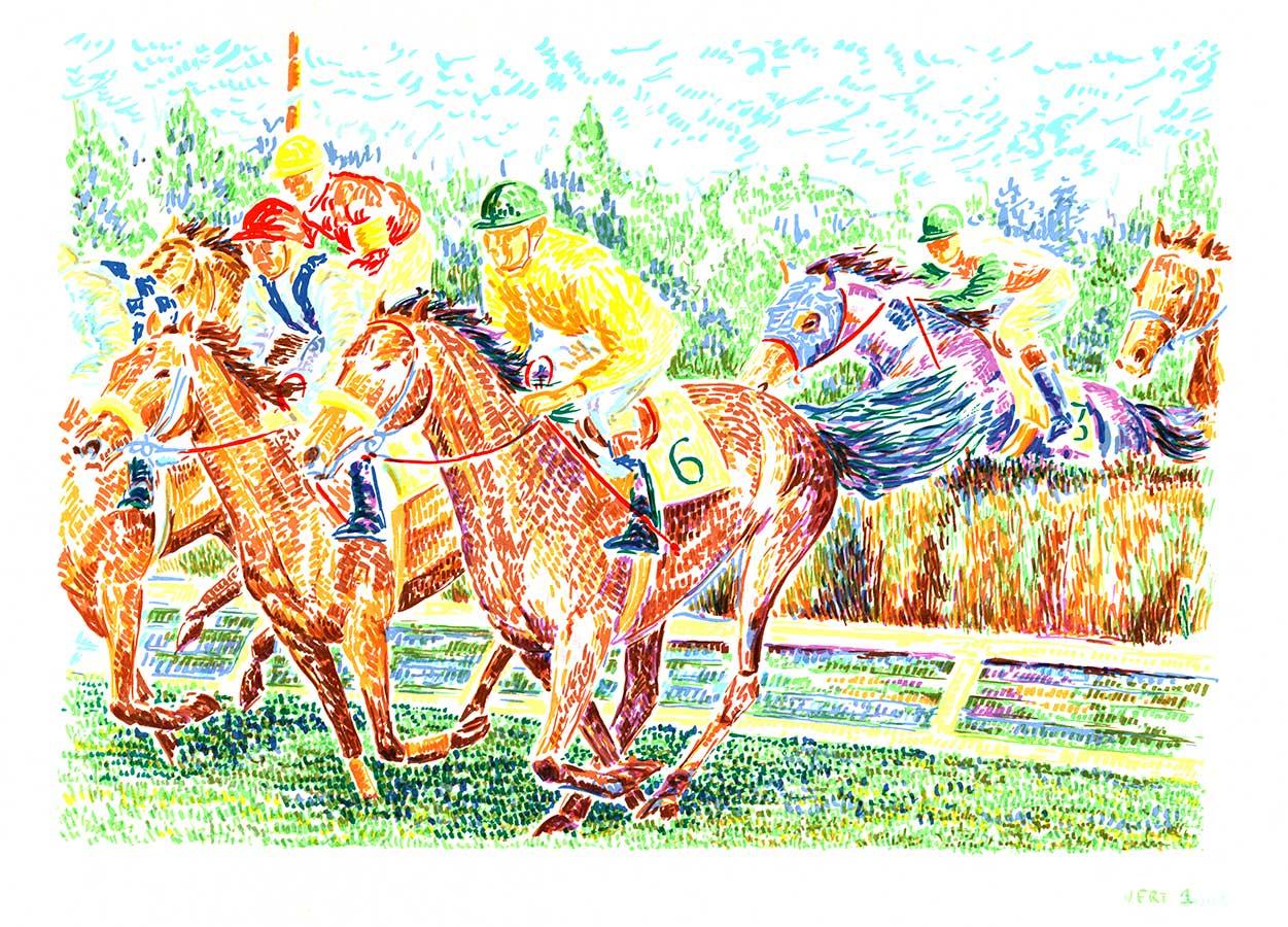 Les Courses -L'obstacle/de coté Pferderennen, Pointillistischer Druck Reitsport (Grün), Animal Print, von Serge Mendjisky