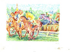 Les Courses -L'obstacle/de coté Carrera de caballos, Impresión ecuestre de estilo puntillista