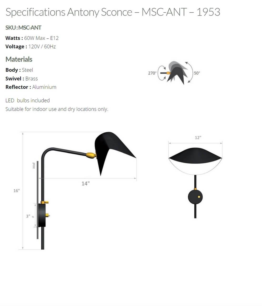 Contemporary Serge Mouille Antony Sconce In Black