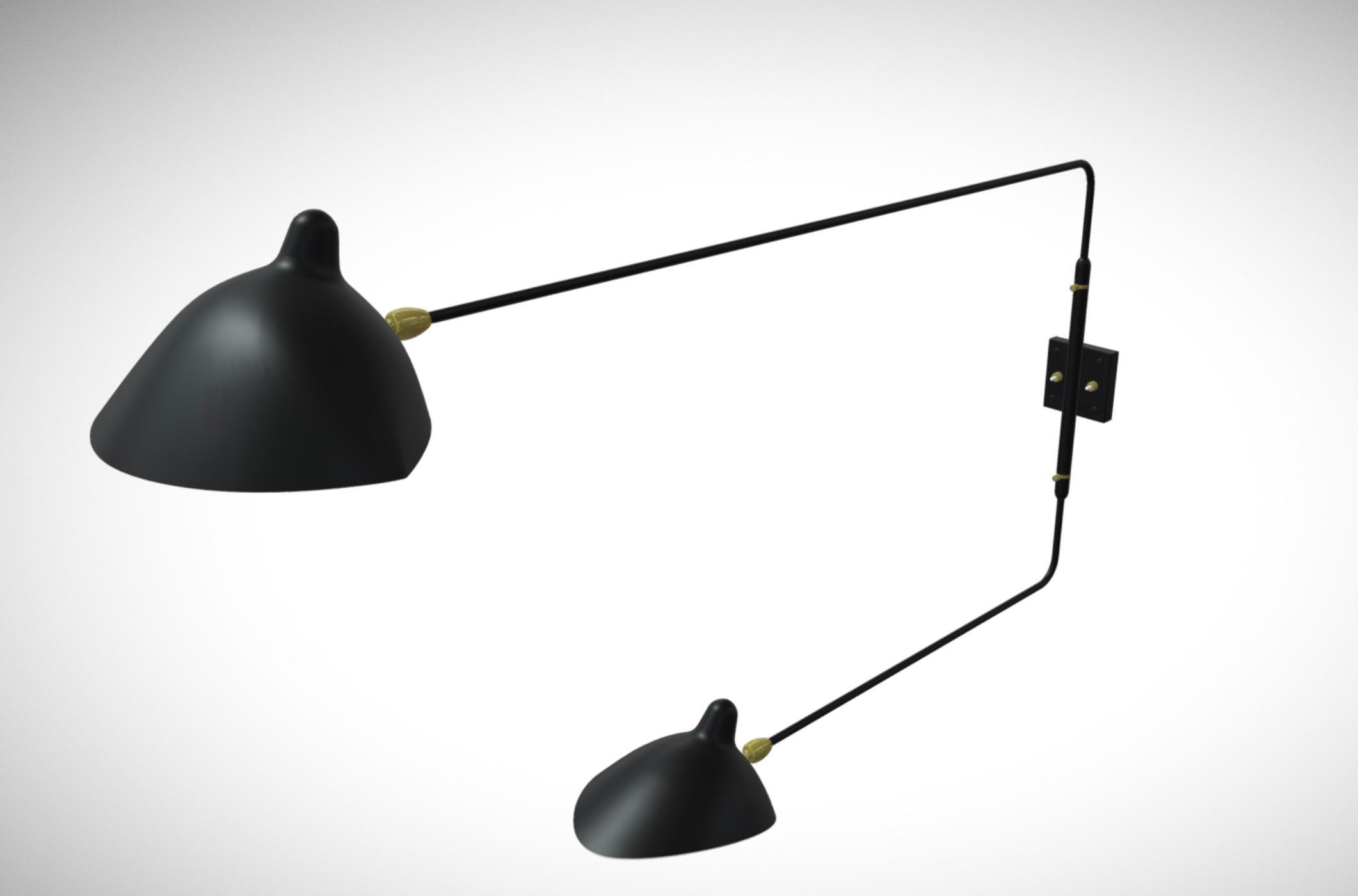 Aluminum Serge Mouille 'Applique Deux Bras Droits Pivotants' Wall Light in Black For Sale