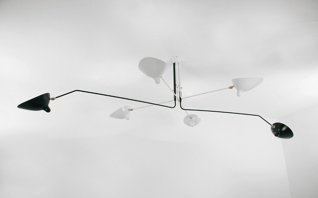 Mid-Century Modern Serge Mouille Black and White Six Rotating Arms Ceiling Lamp, Re-edition For Sale