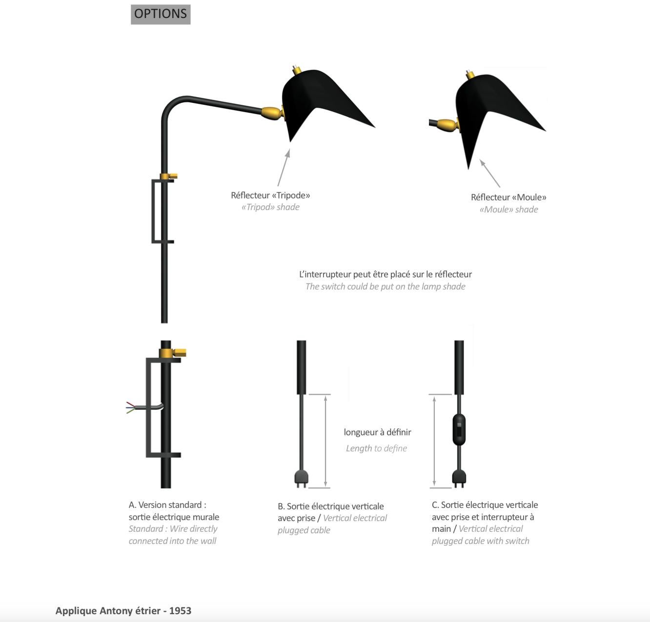 Contemporary Serge Mouille Black Anthony Wall Lamp Whit Fixing Bracket Set Re-Edition For Sale