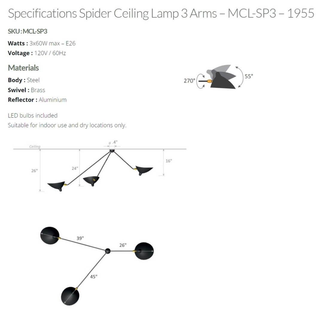 Serge Mouille - Black or White Spider Ceiling Lamp with Three Arms For Sale 2