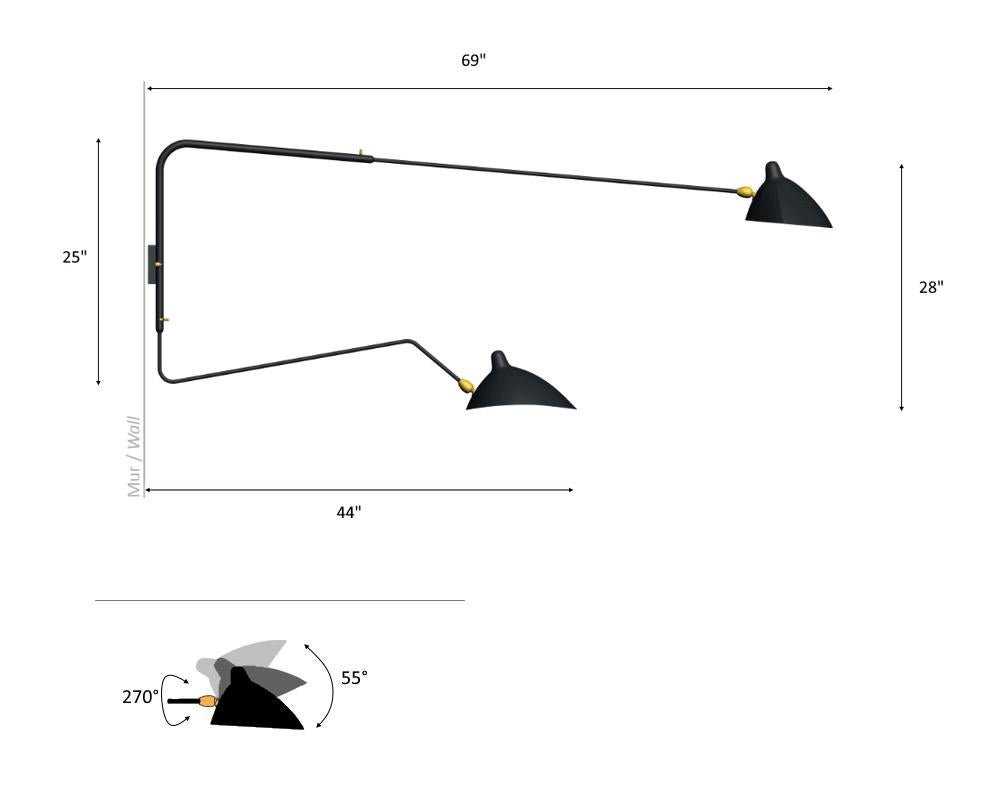 Serge Mouille - Black Rotating Sconce with 2 Arms (1 Curved) - IN STOCK! For Sale 1