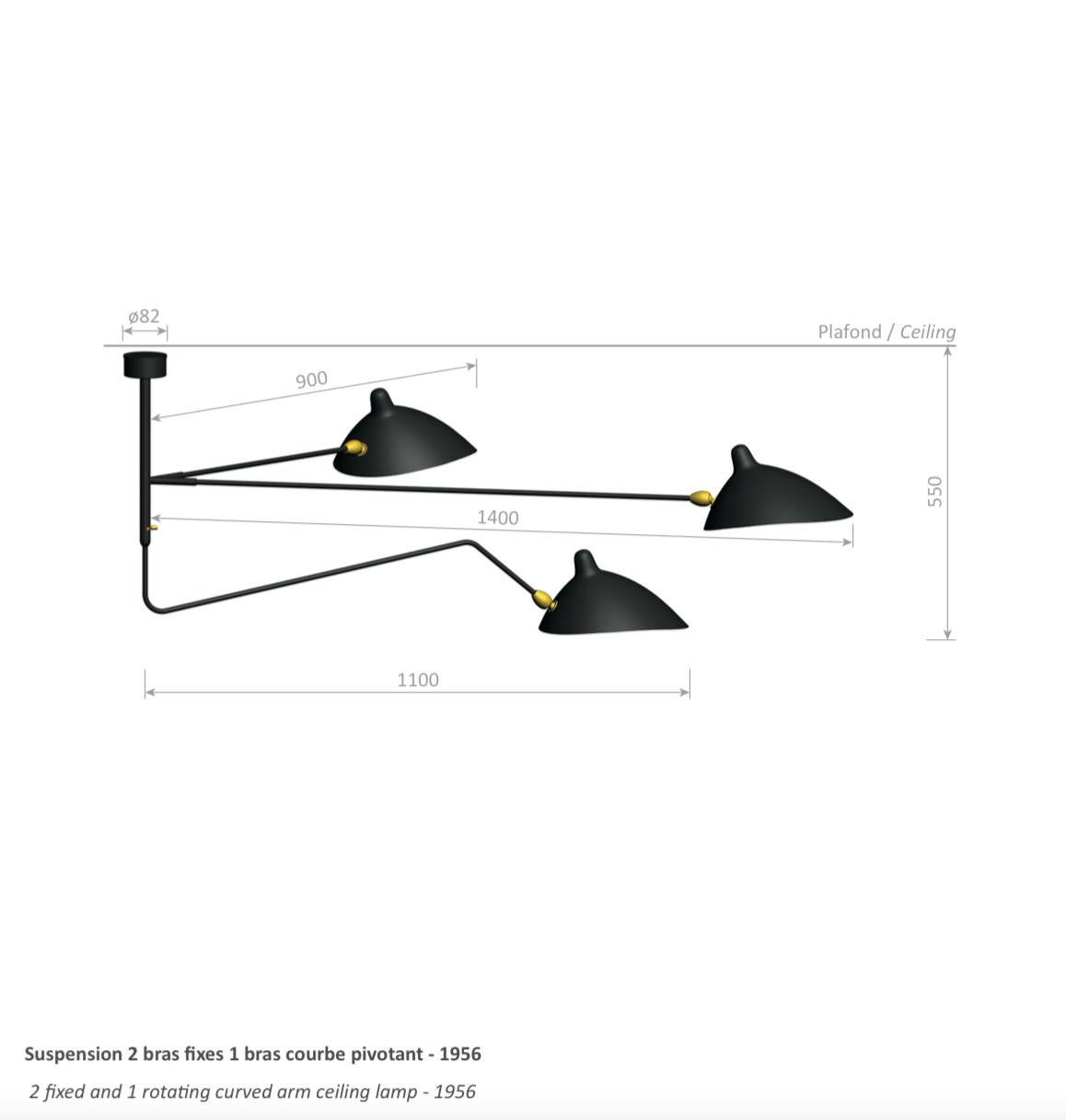 Serge Mouille Schwarze „Suspension“-Lampe mit zwei befestigten und drehbaren, geschwungenen Armen im Angebot 1